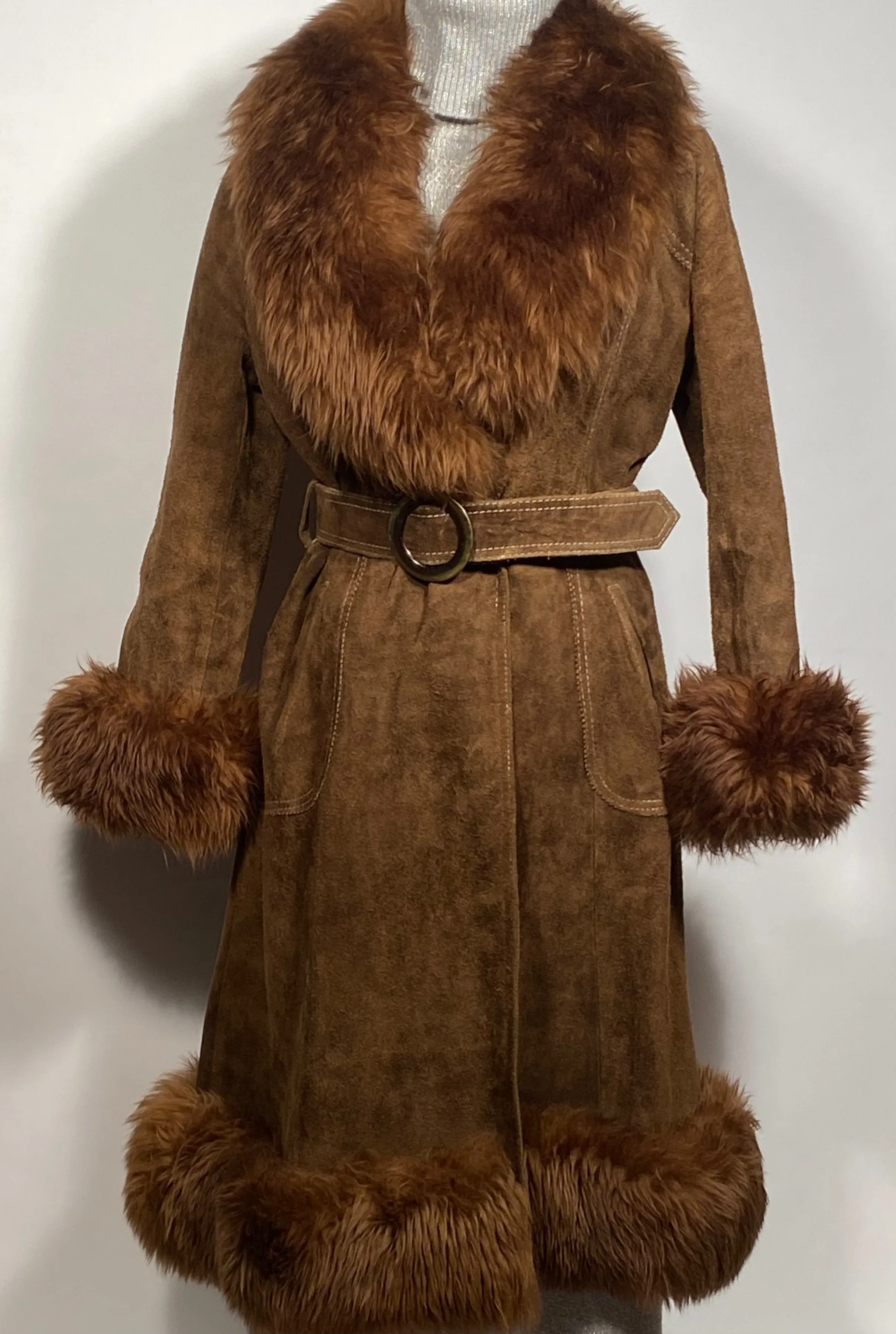 1970s Brown Leather Suede Faux Fur Trim Cuff Collar & Hem Womens Sm 37" Bust