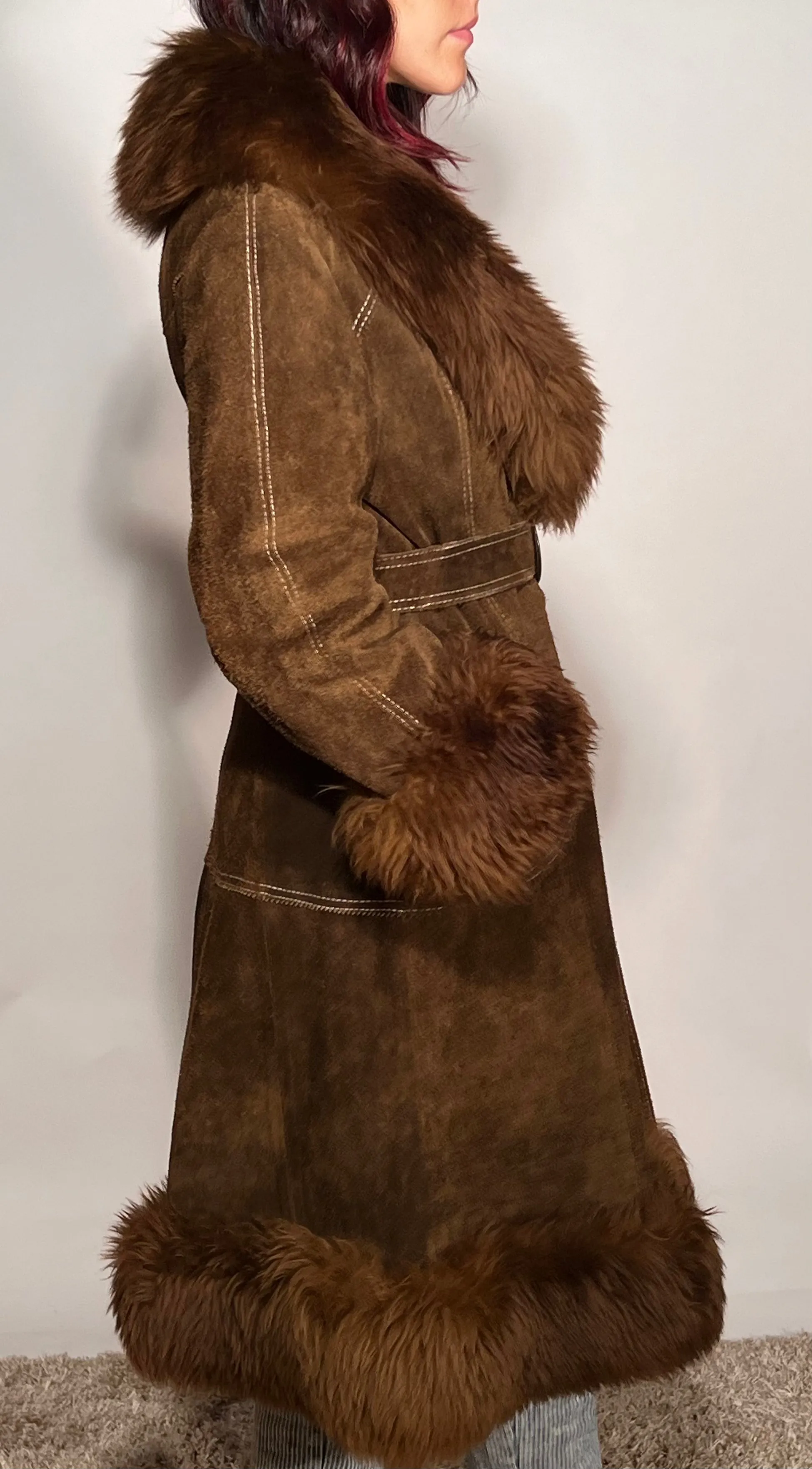 1970s Brown Leather Suede Faux Fur Trim Cuff Collar & Hem Womens Sm 37" Bust