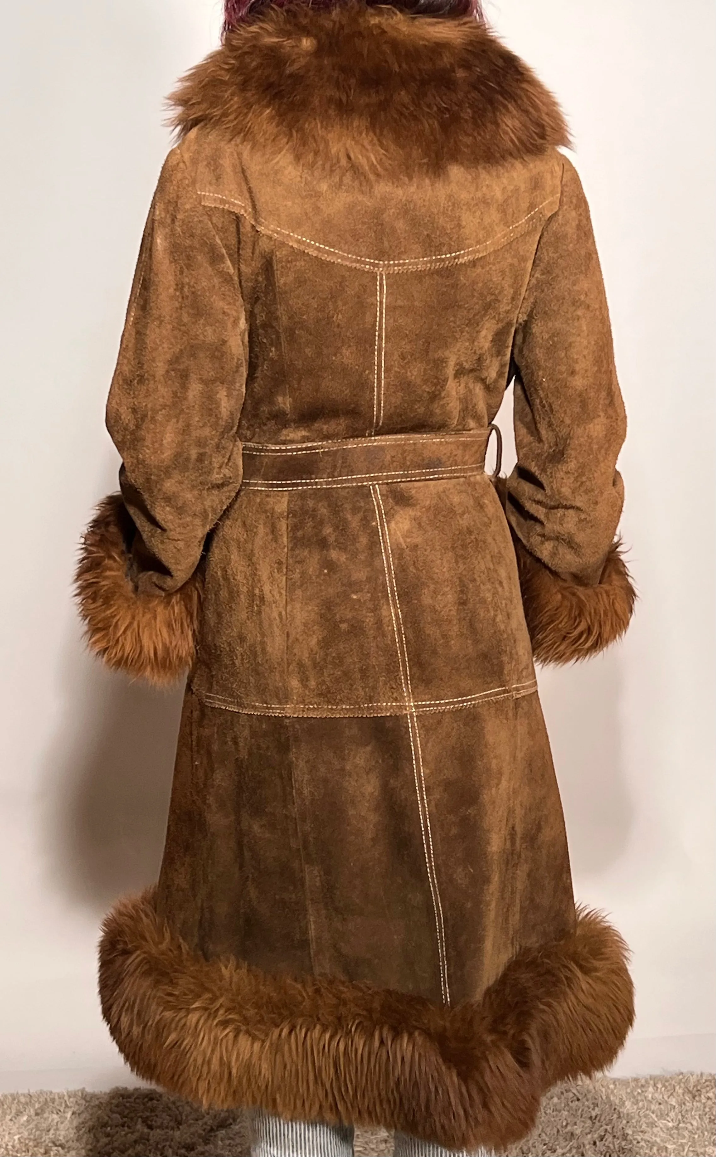 1970s Brown Leather Suede Faux Fur Trim Cuff Collar & Hem Womens Sm 37" Bust