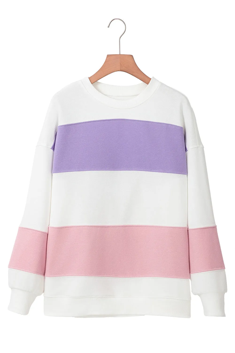 Beige Colorblock Patchwork Drop Shoulder Crewneck Sweatshirt