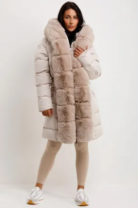 Beige Long Puffer Padded Coat With Faux Fur Hood And Trim