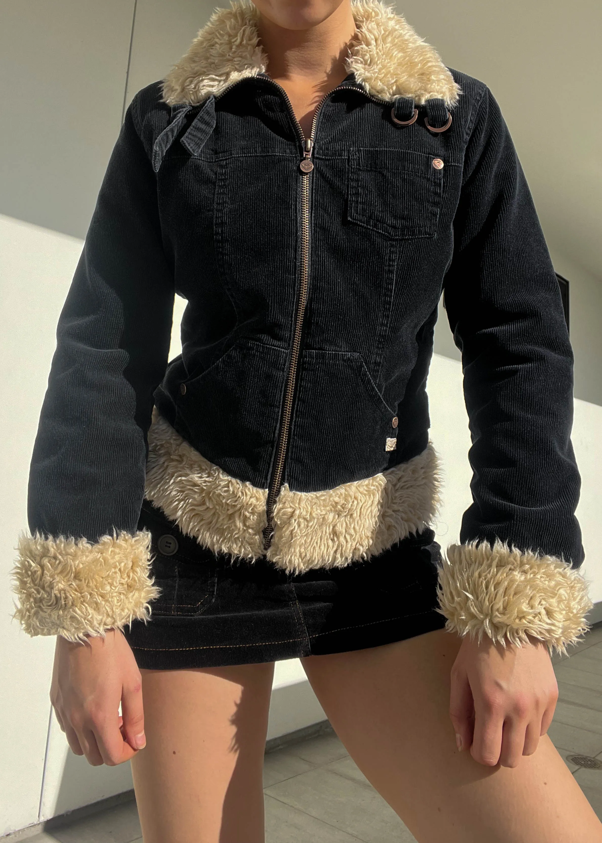 Black & Cream Fur Trim Cord Jacket (S)