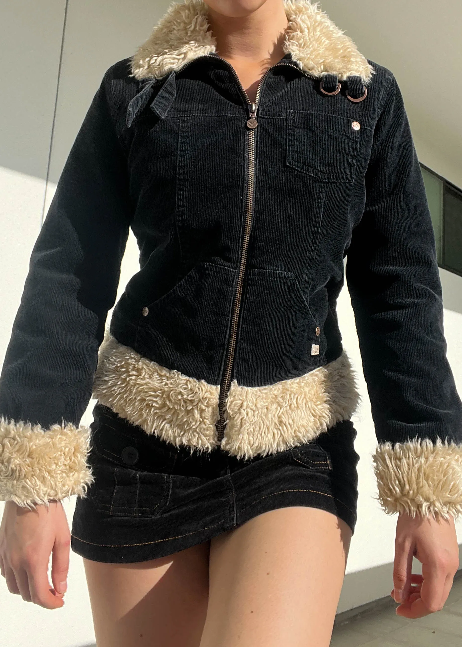 Black & Cream Fur Trim Cord Jacket (S)