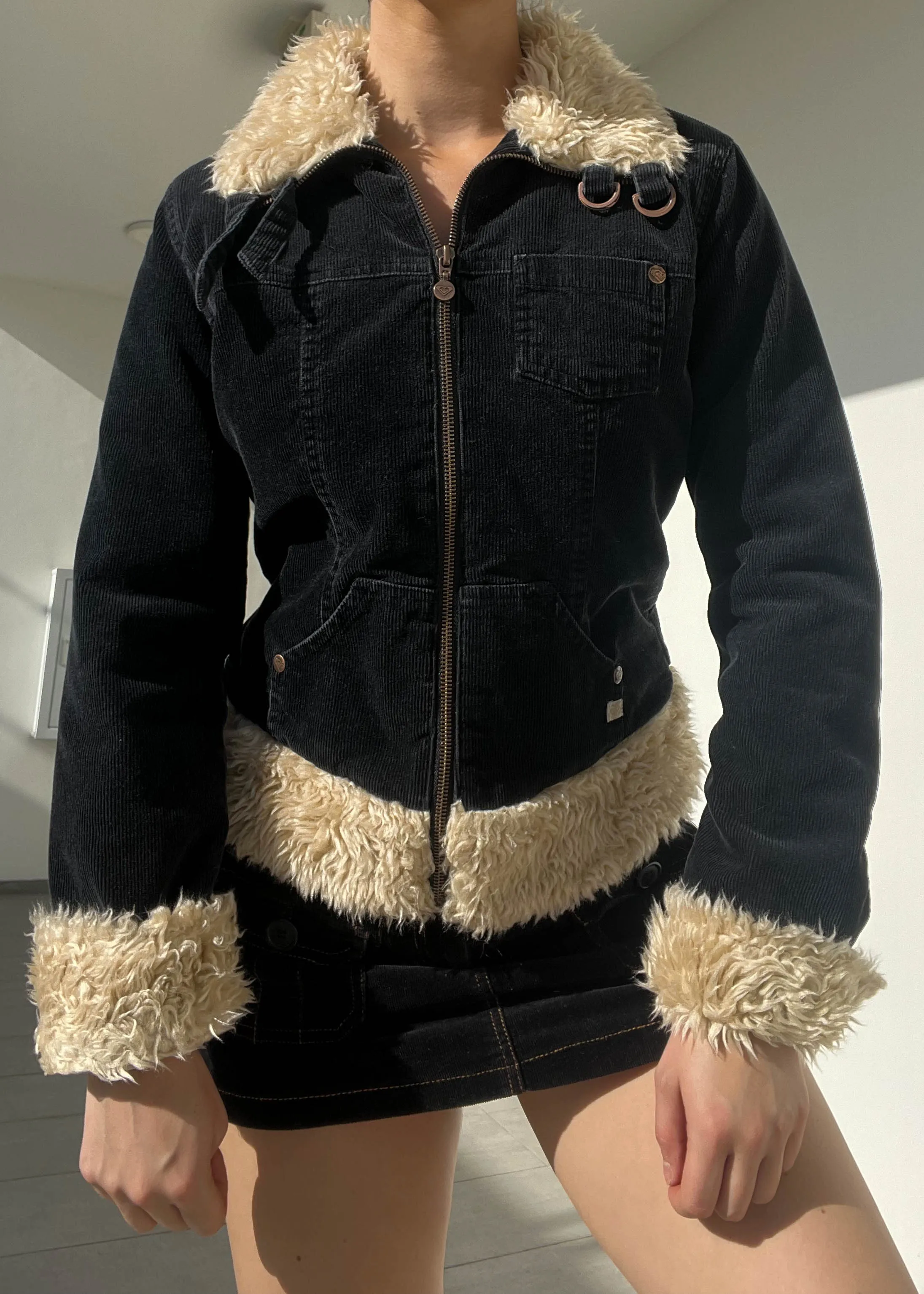 Black & Cream Fur Trim Cord Jacket (S)