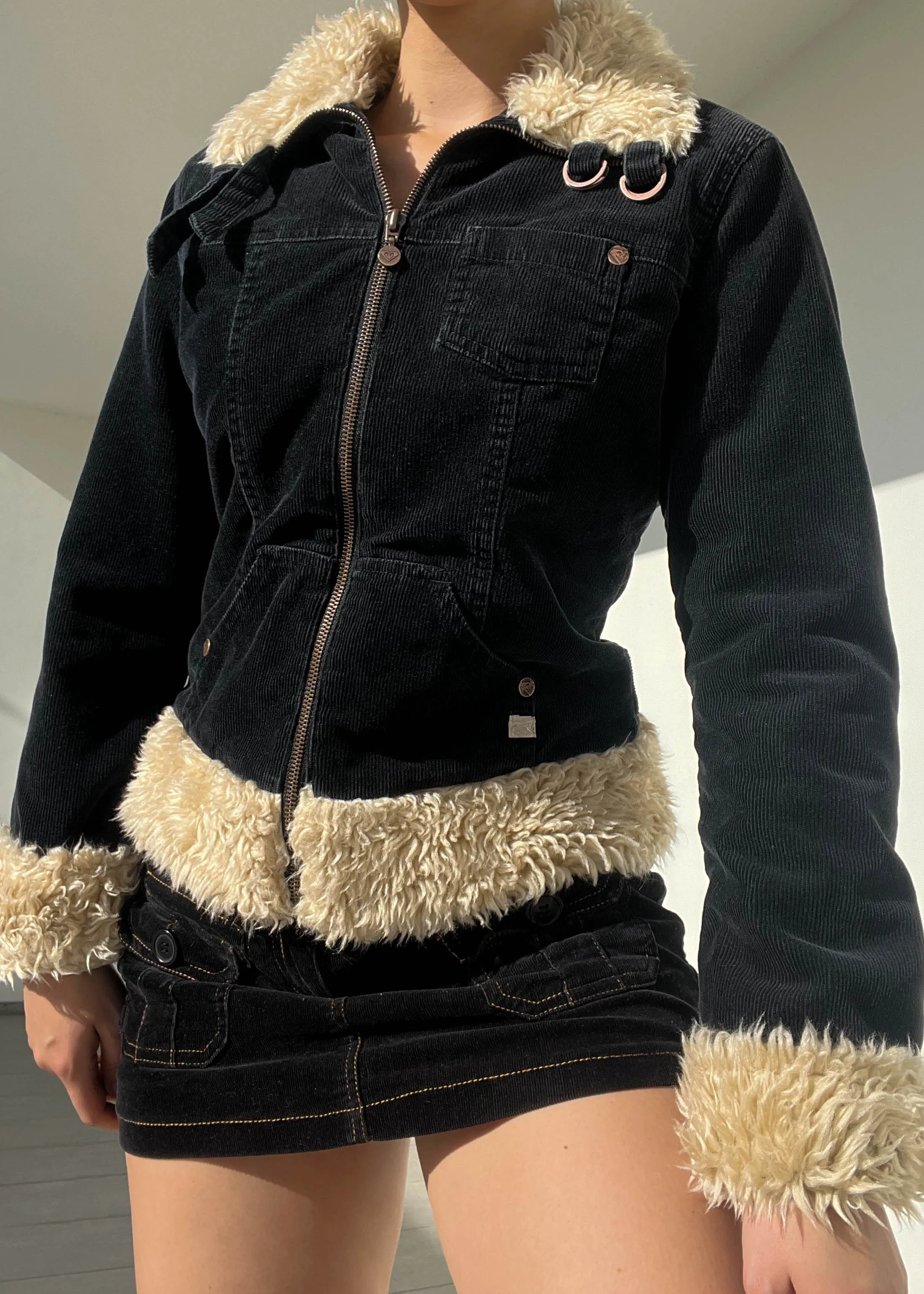 Black & Cream Fur Trim Cord Jacket (S)