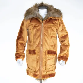 Camel Suede Long Overcoat With Fur Collar