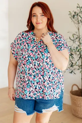 Hazel Blues® |  Lizzy Cap Sleeve Top in Navy and Hot Pink Floral