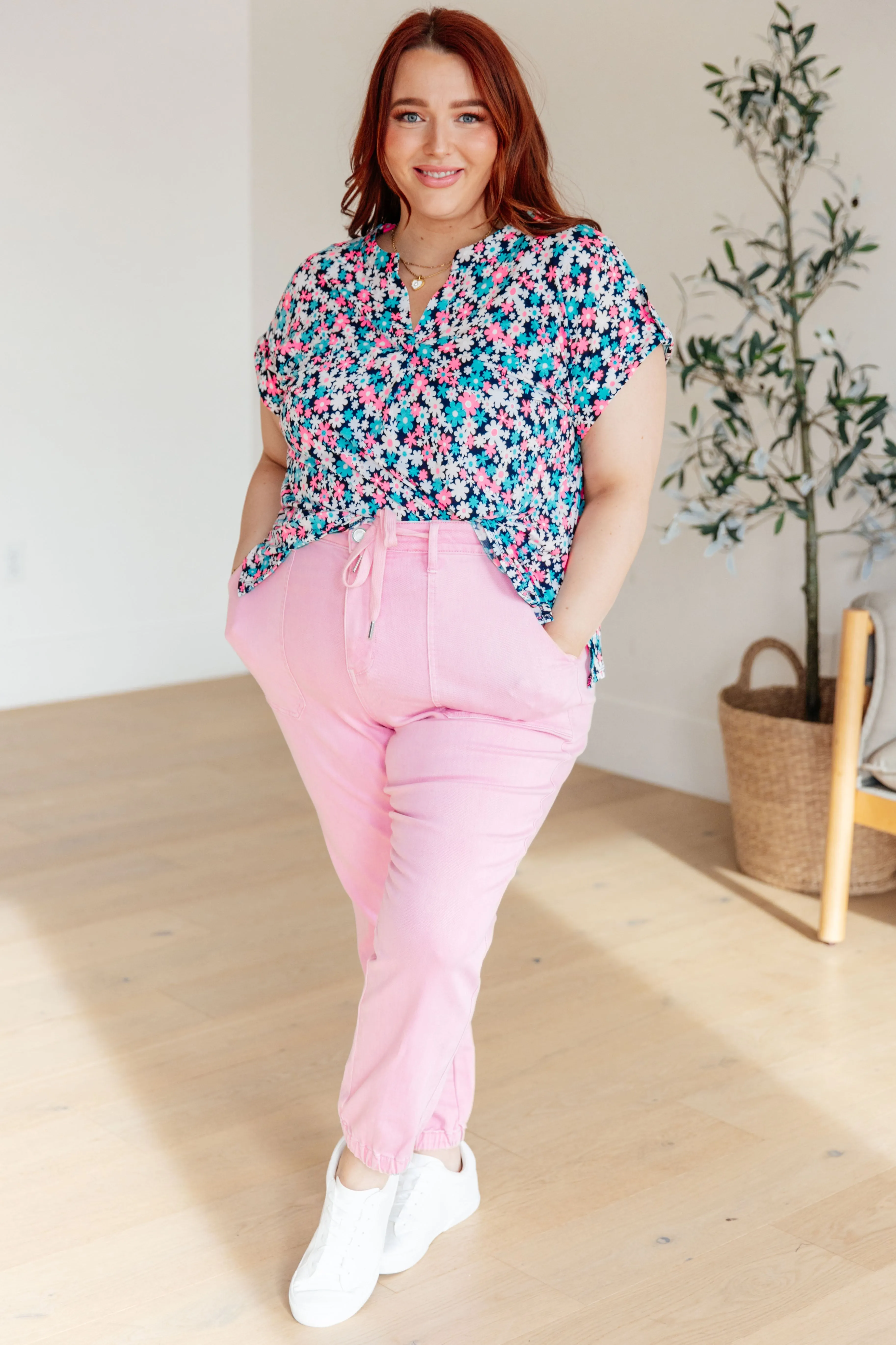 Hazel Blues® |  Lizzy Cap Sleeve Top in Navy and Hot Pink Floral