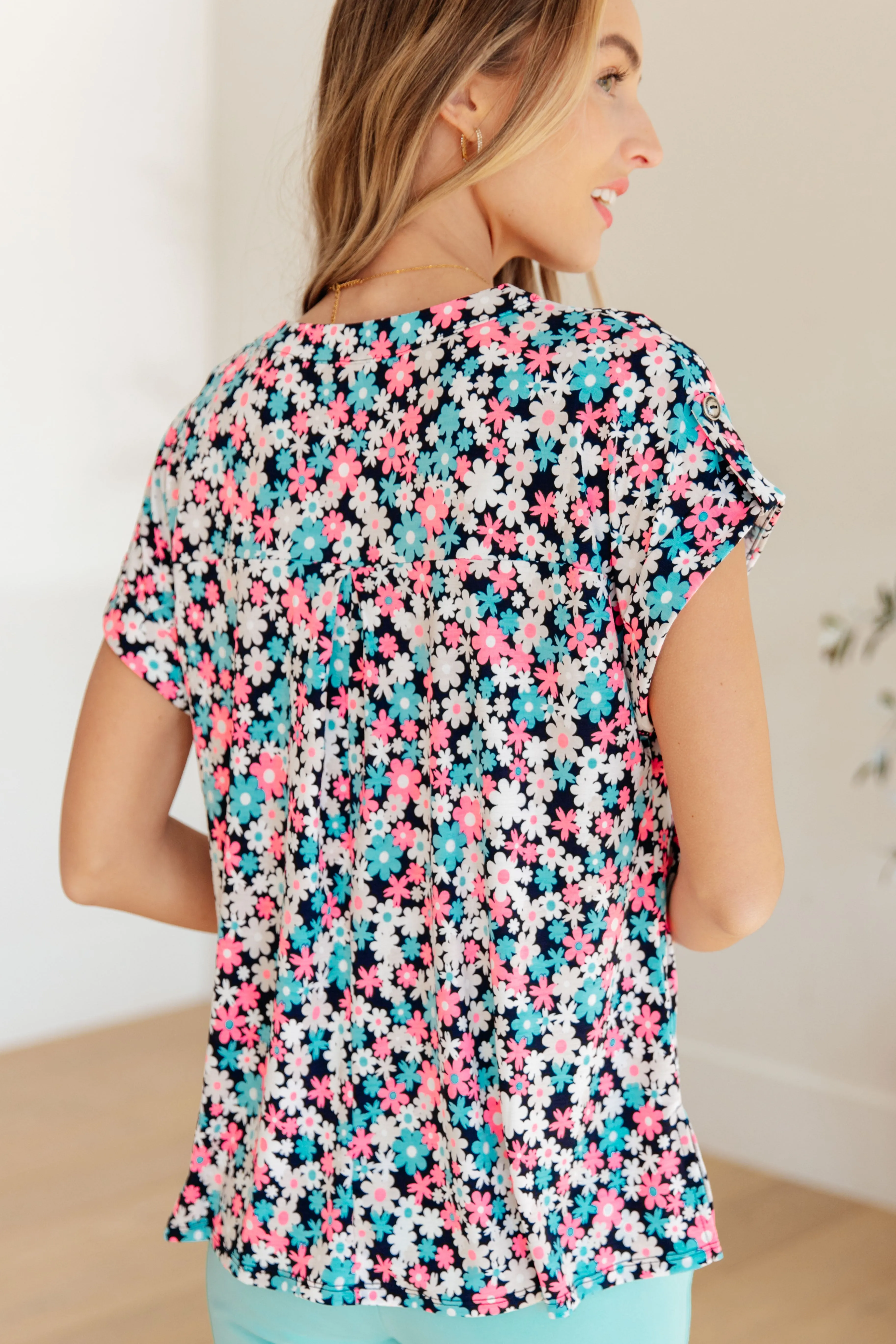 Hazel Blues® |  Lizzy Cap Sleeve Top in Navy and Hot Pink Floral