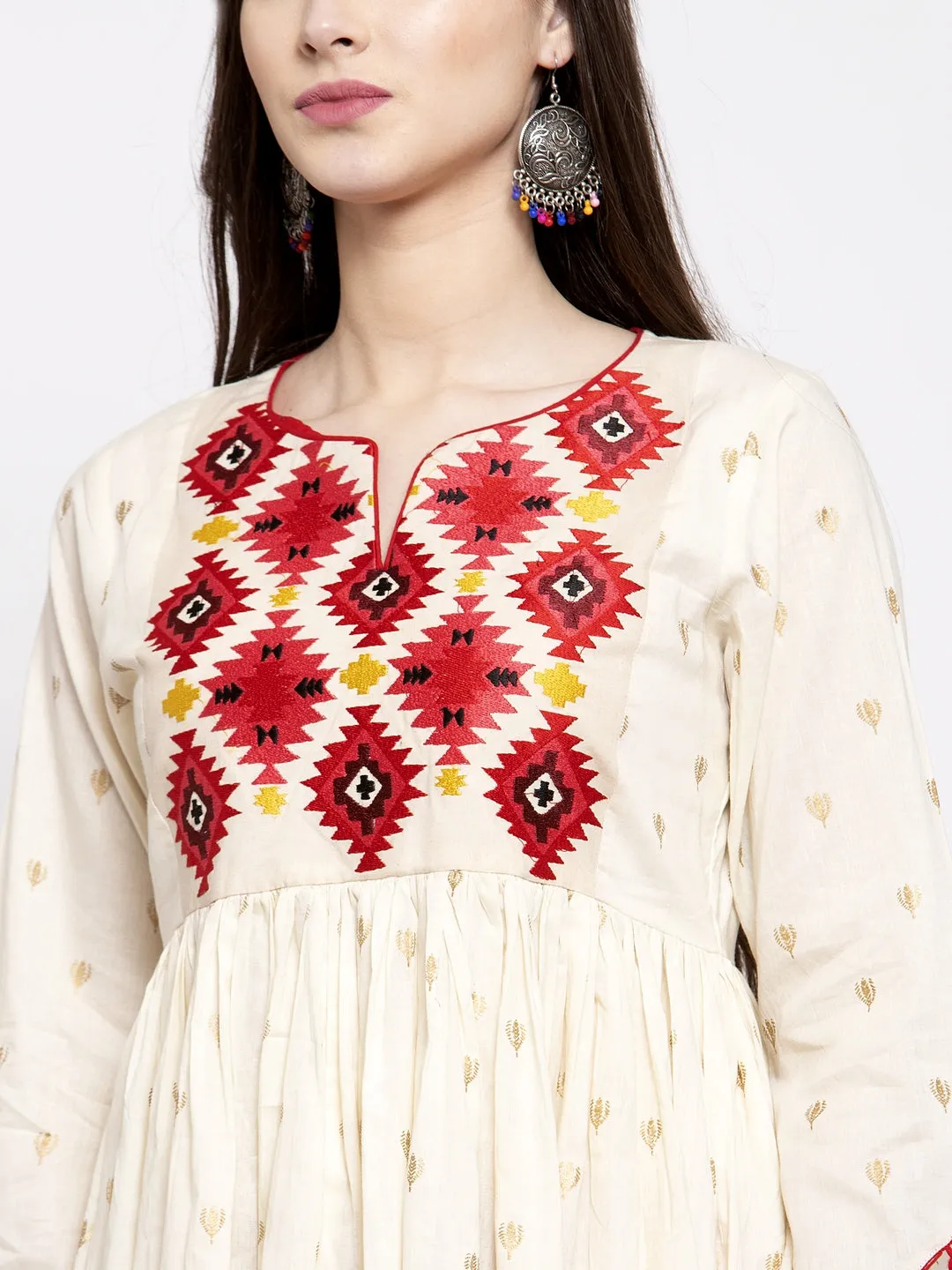 Jashvi Off-White & Red Printed Tunic