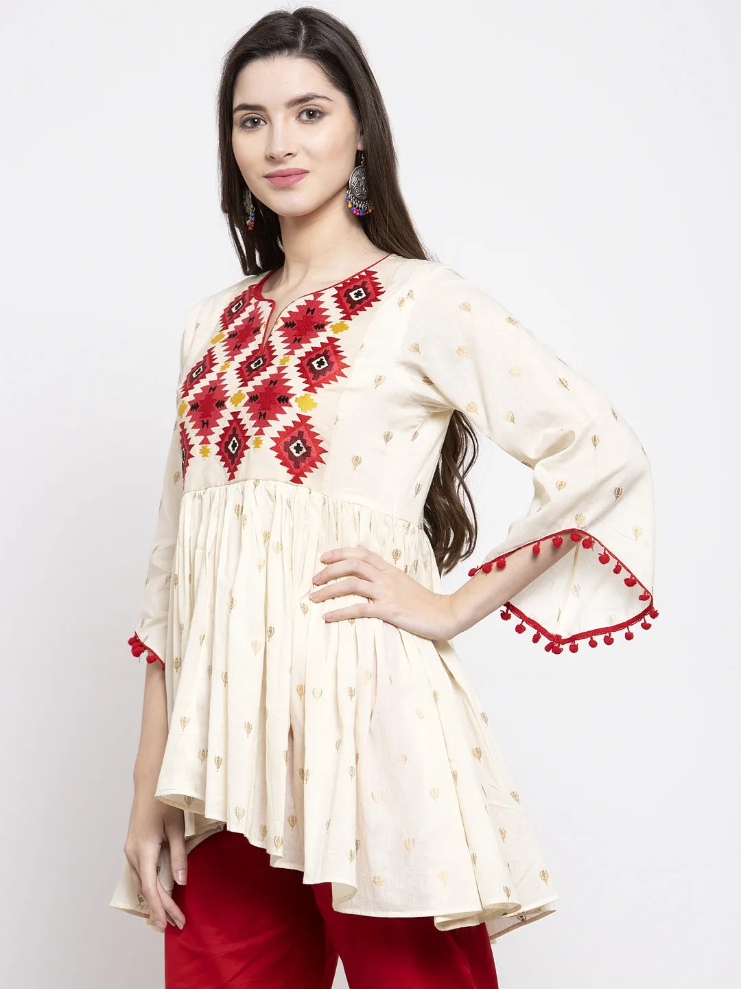 Jashvi Off-White & Red Printed Tunic