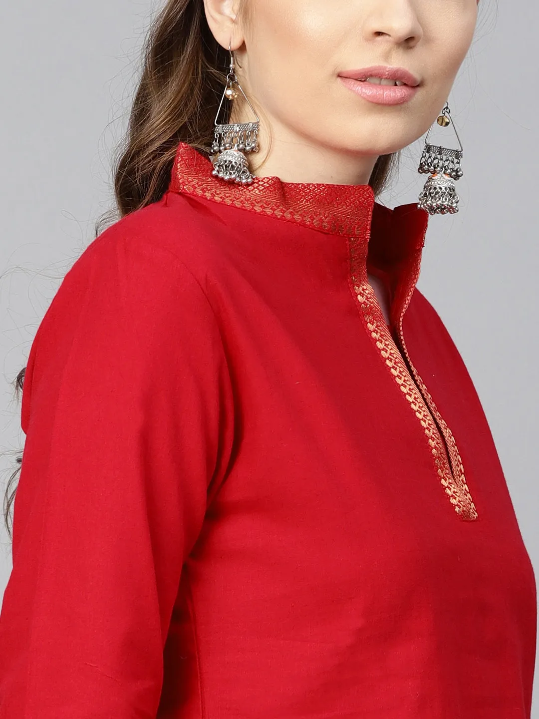 Jashvi Red Mangalagiri Cotton Solid Tunics For Womens