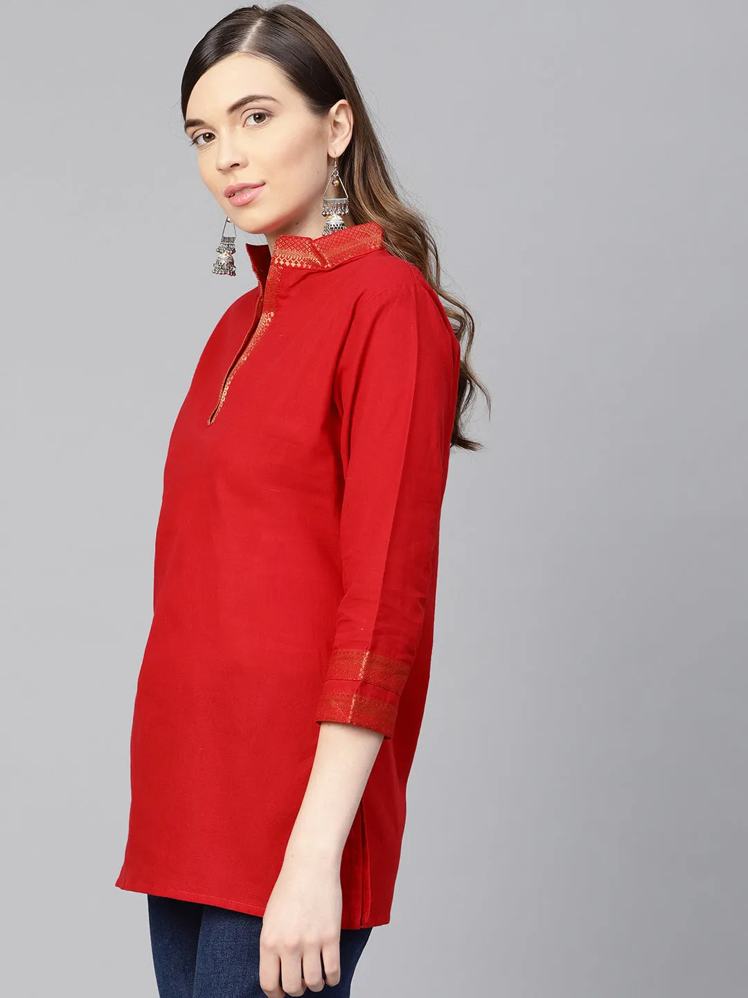 Jashvi Red Mangalagiri Cotton Solid Tunics For Womens