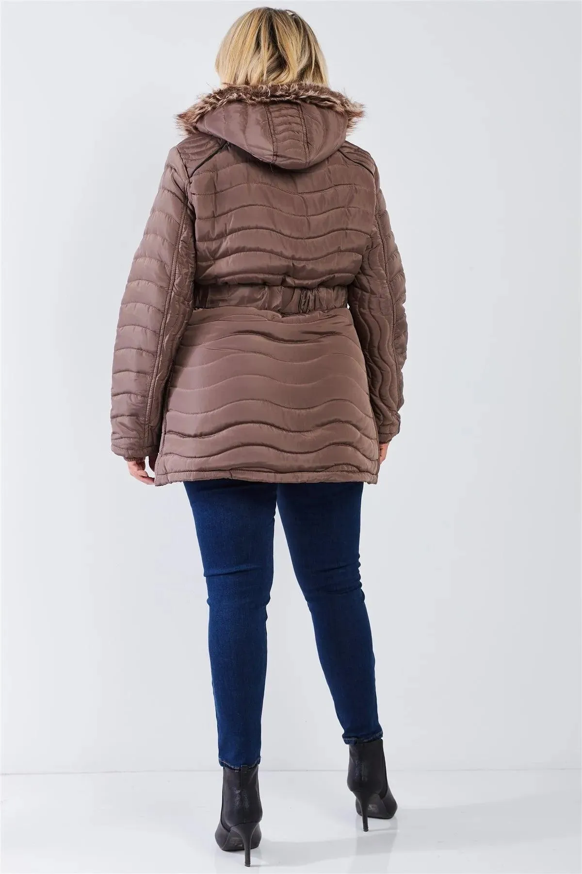 Junior Plus Brown Wavy Quilt Padded Faux Fur Detachable Hood Belted Long Puffer Jacket /1-1-1-1