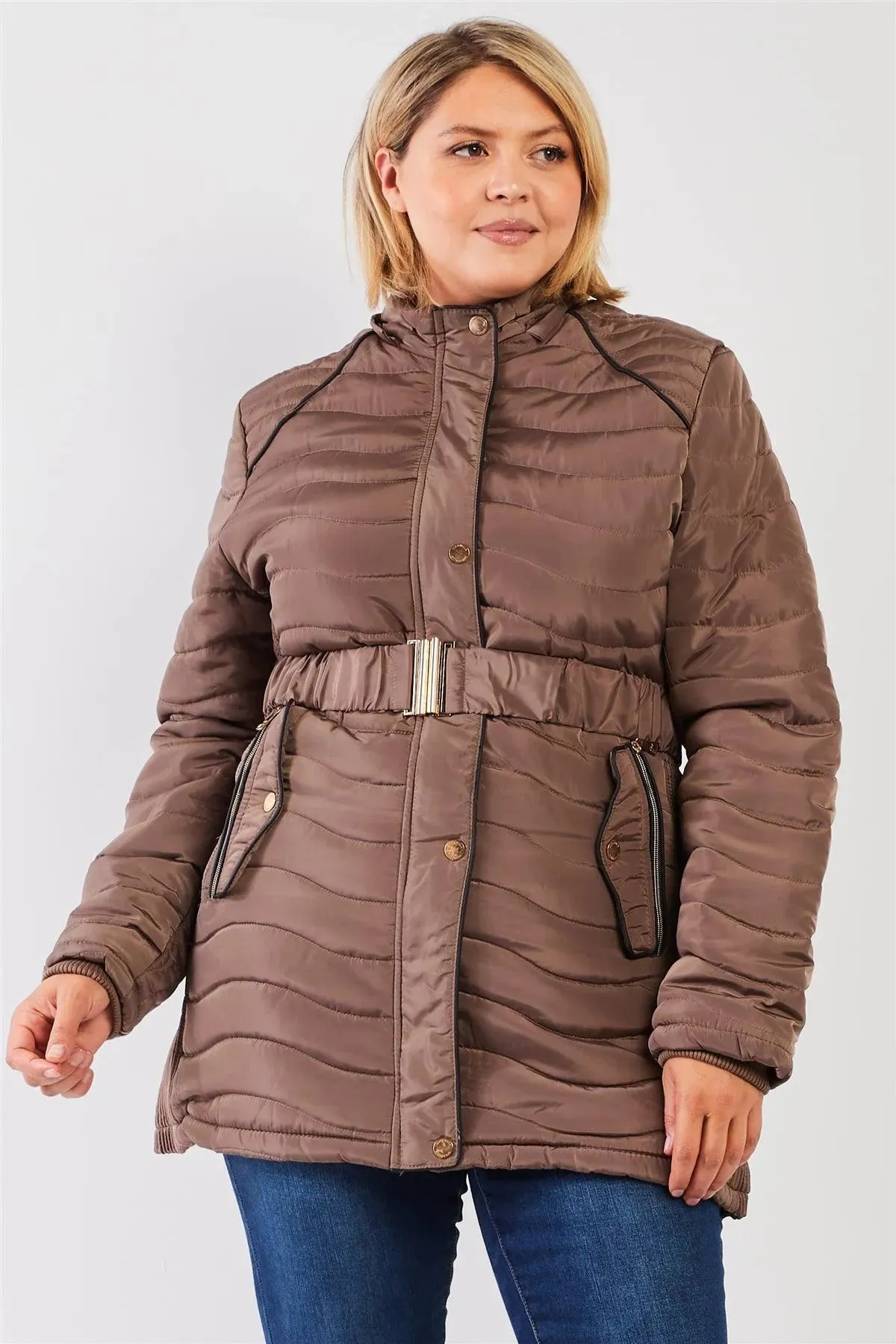 Junior Plus Brown Wavy Quilt Padded Faux Fur Detachable Hood Belted Long Puffer Jacket /1-1-1-1