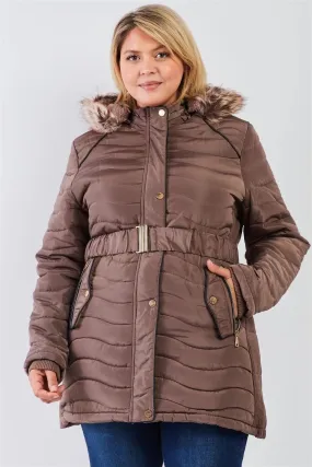 Junior Plus Brown Wavy Quilt Padded Faux Fur Detachable Hood Belted Long Puffer Jacket /1-1-1-1