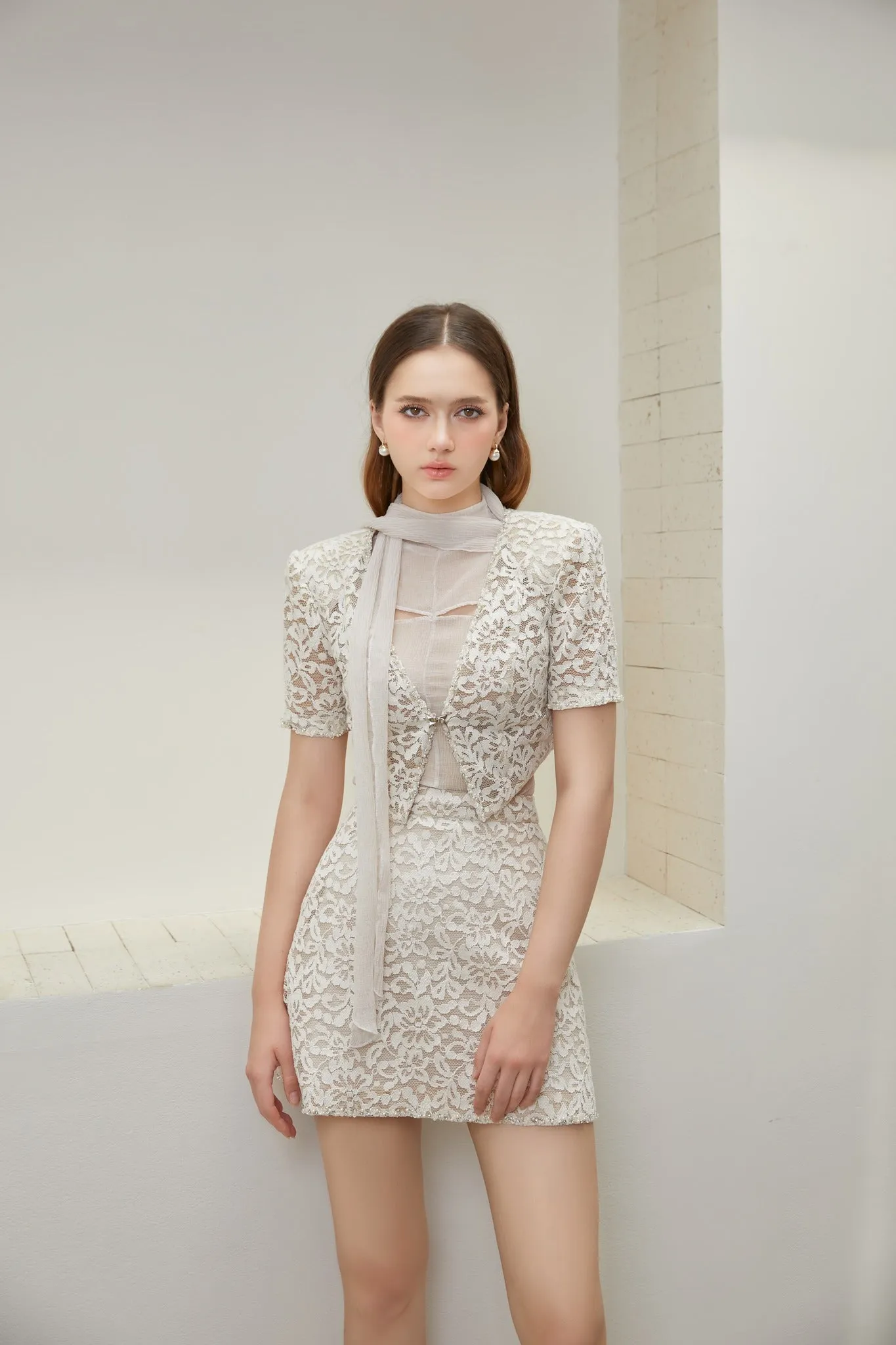 Maci Set - Cropped V-Neck Mesh Lace Jacket & Bodycon Sleeveless Organza Top & A-line High Waist Mesh Lace Mini Skirt