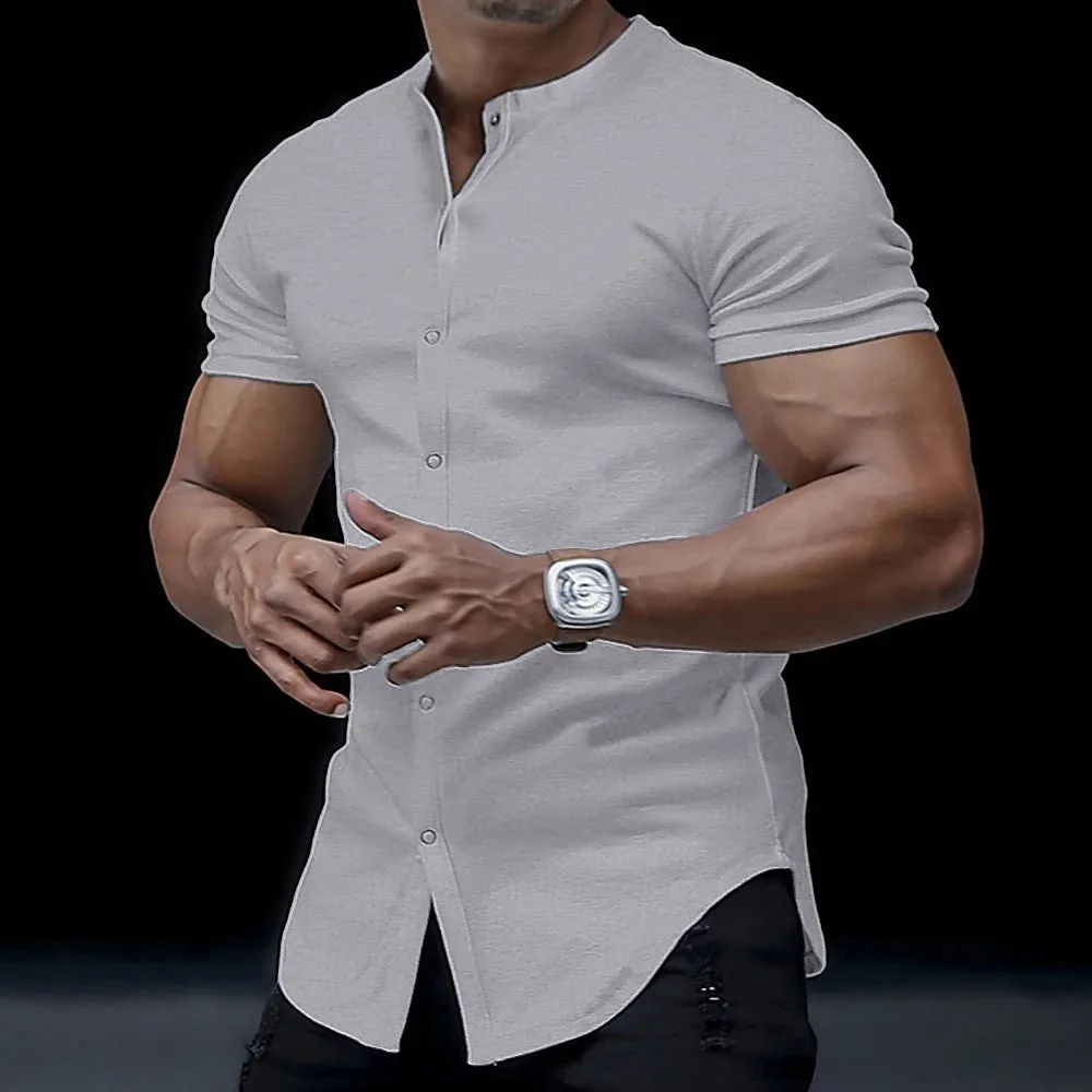 Men's Henley Stand Collar Solid Color Shirt