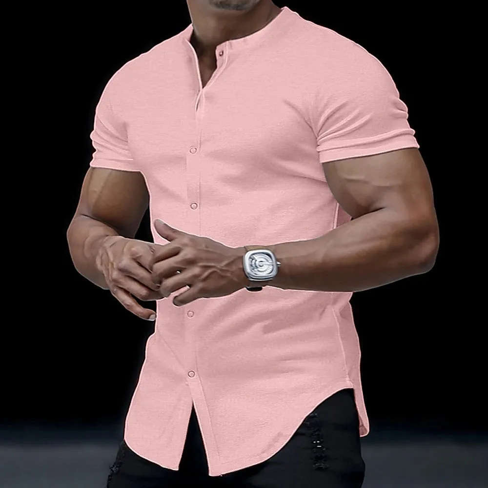 Men's Henley Stand Collar Solid Color Shirt