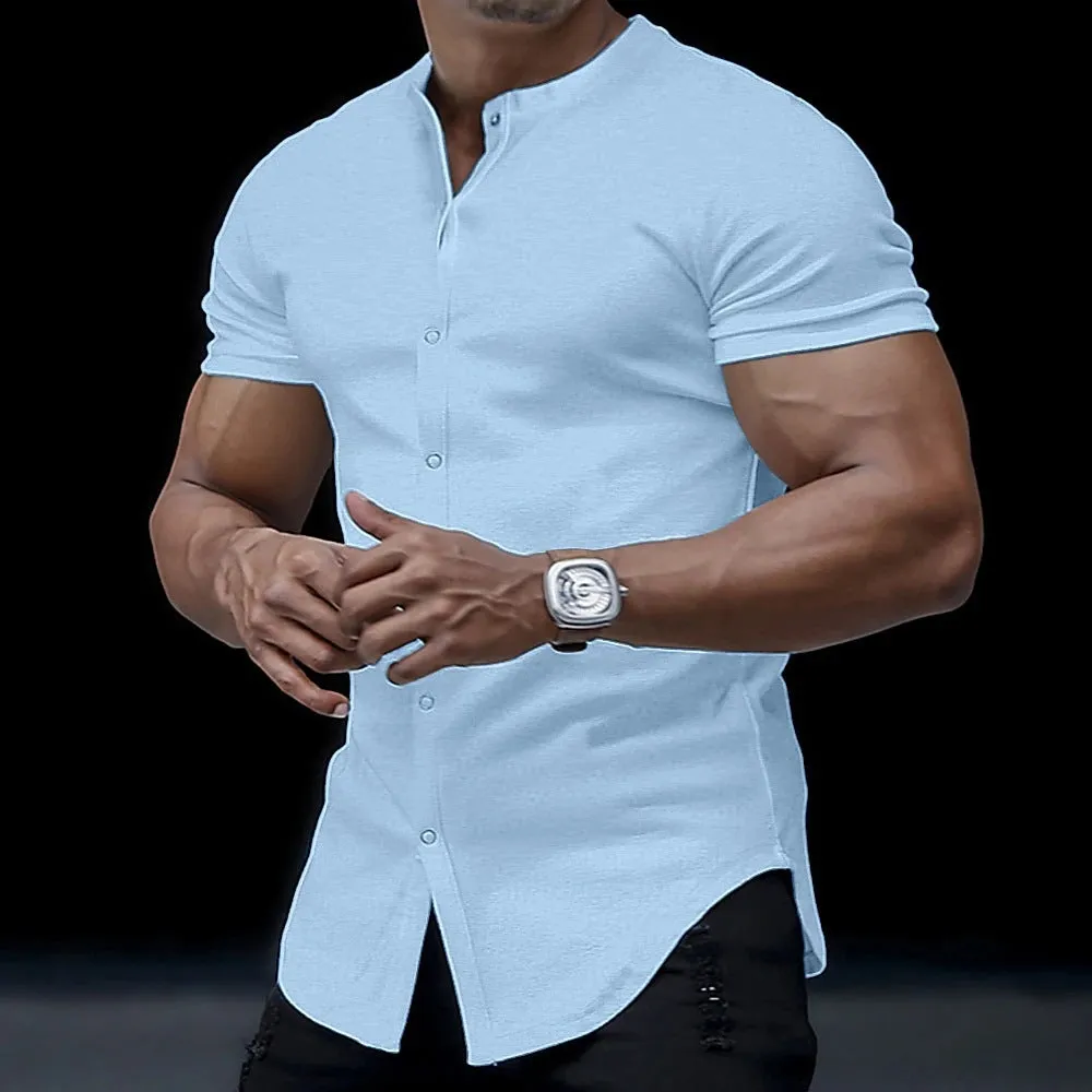 Men's Henley Stand Collar Solid Color Shirt