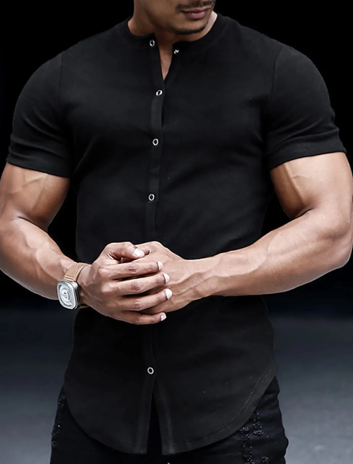 Men's Henley Stand Collar Solid Color Shirt