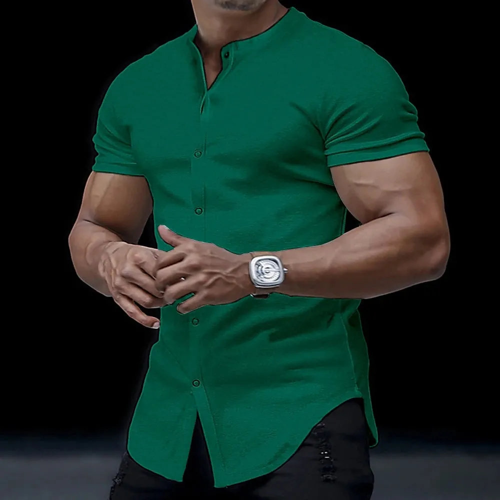 Men's Henley Stand Collar Solid Color Shirt