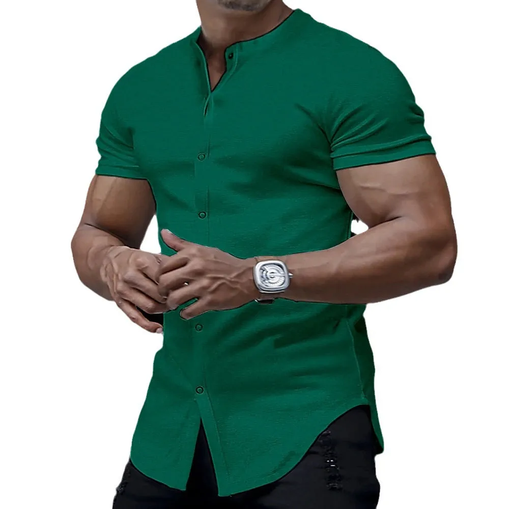 Men's Henley Stand Collar Solid Color Shirt