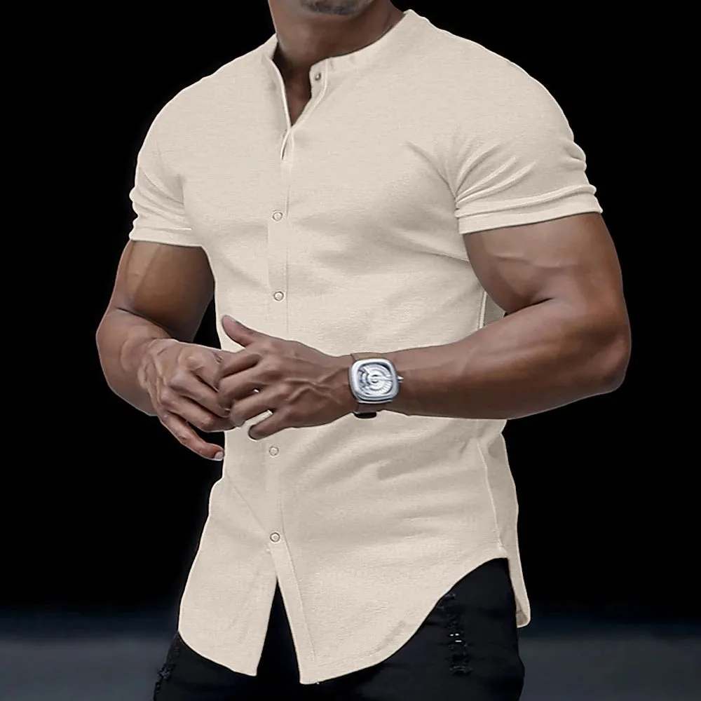 Men's Henley Stand Collar Solid Color Shirt
