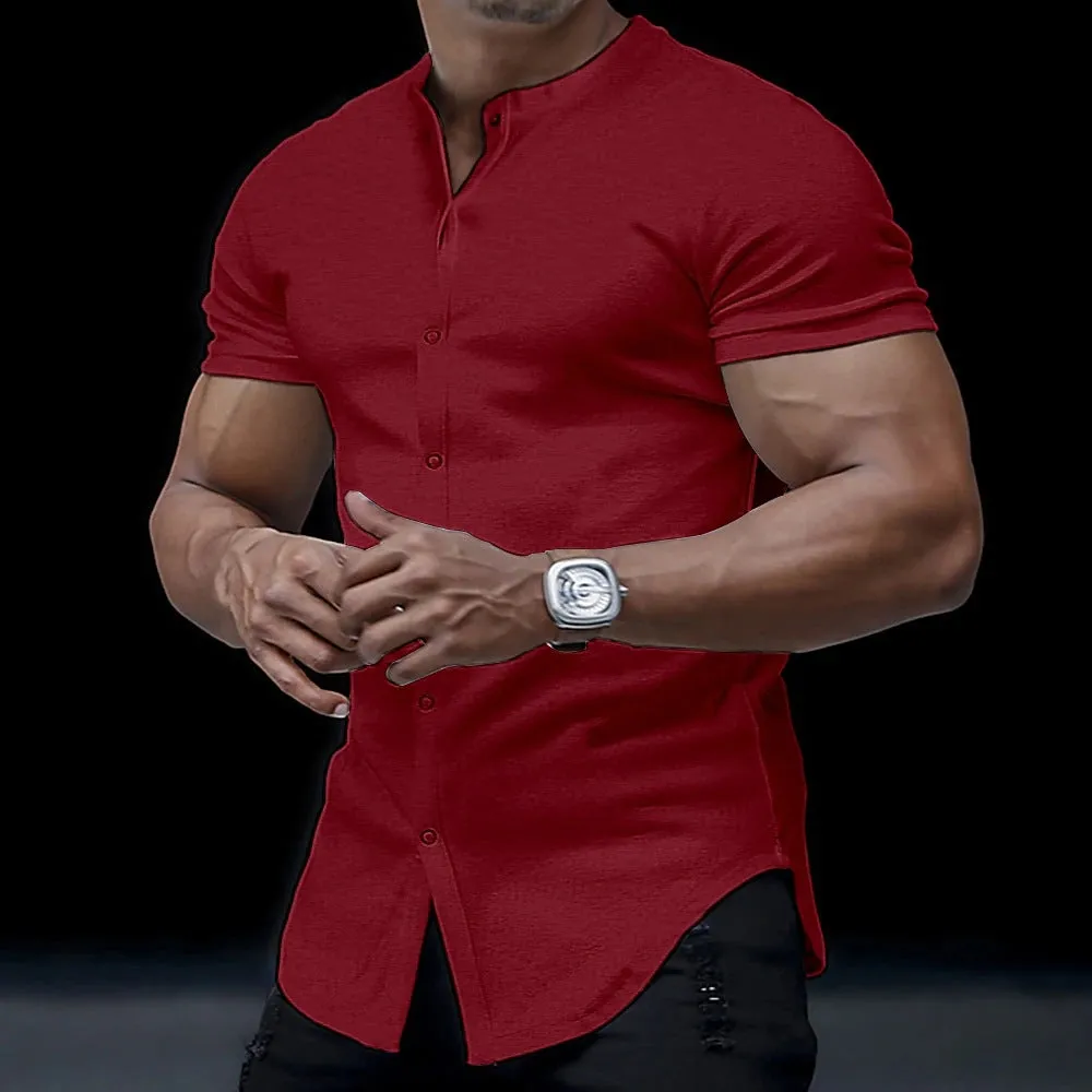 Men's Henley Stand Collar Solid Color Shirt