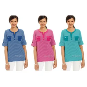 NWT Karen Scott Striped Elbow-Sleeve Henley Shirt Casual Cotton Top 3 Color XS-L