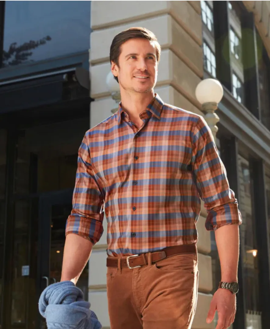 Pumpkin Herringbone Plaid Shirt | David Donahue