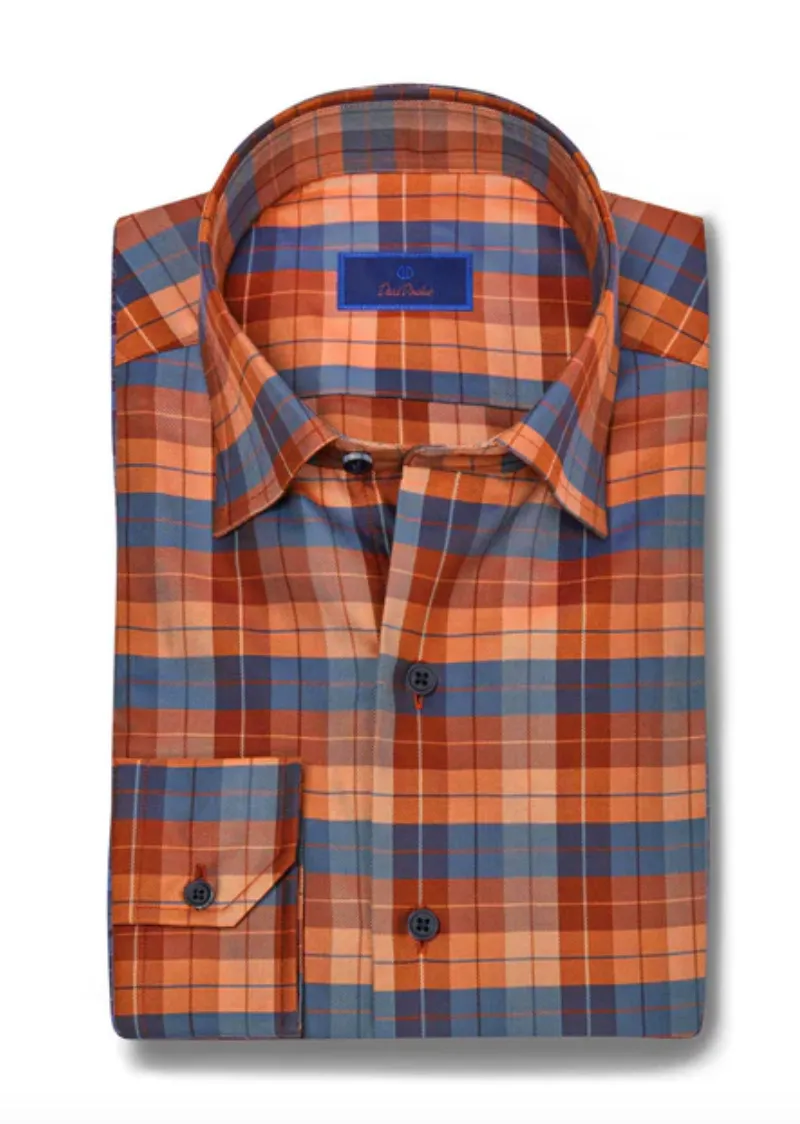 Pumpkin Herringbone Plaid Shirt | David Donahue