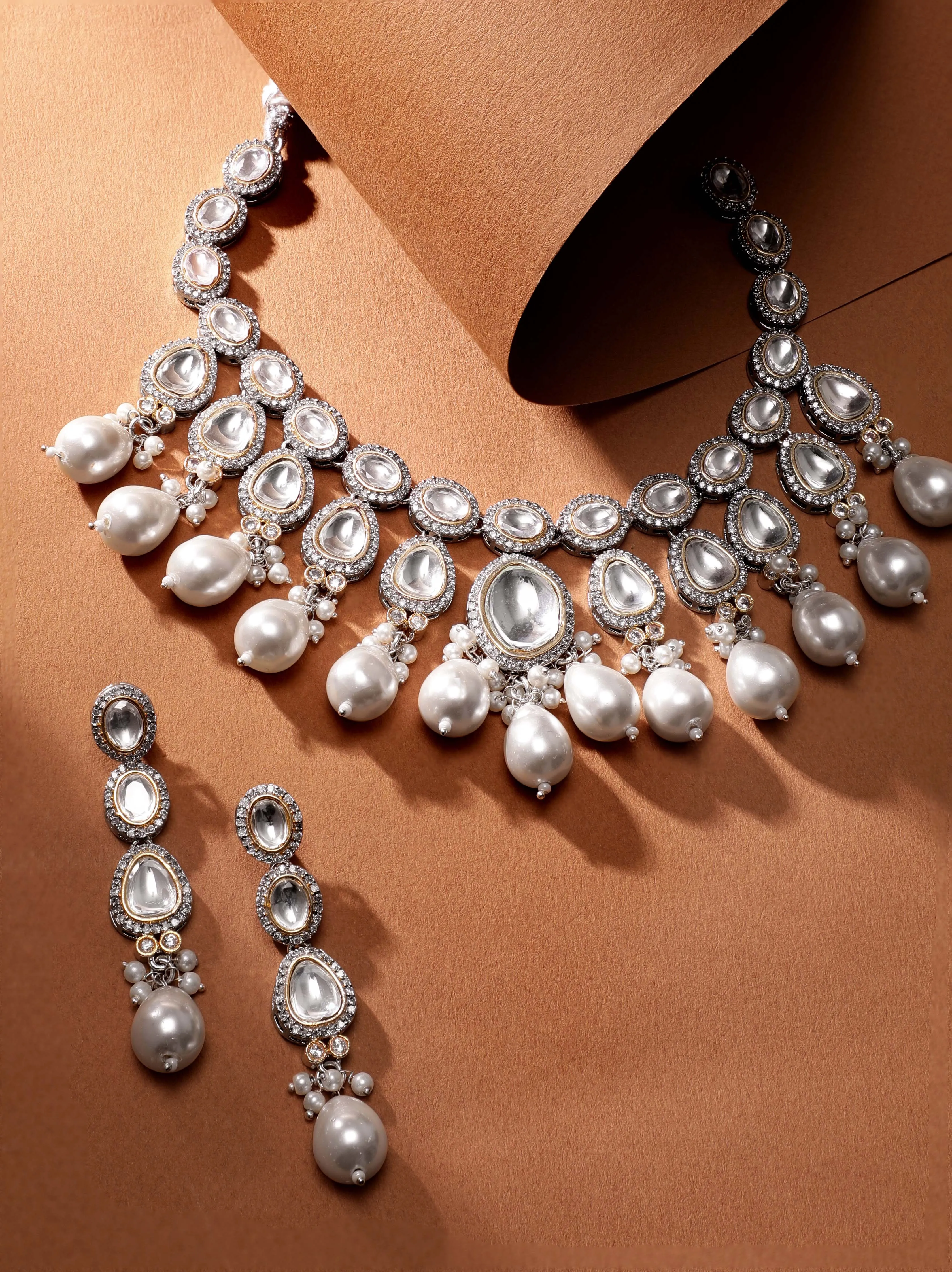 Rubans Elegant Pearl & Kudan Stone Wedding Necklace Set