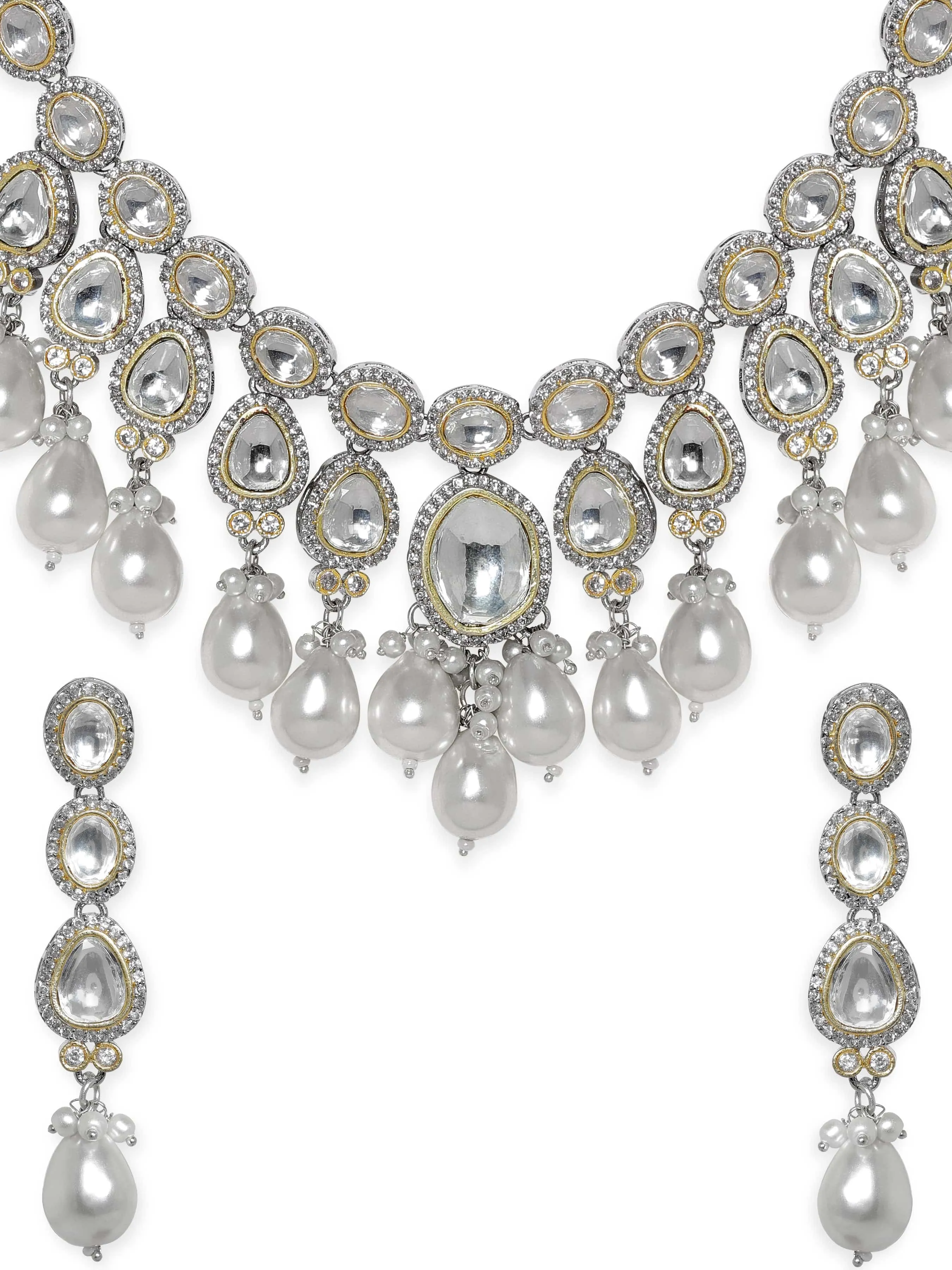 Rubans Elegant Pearl & Kudan Stone Wedding Necklace Set
