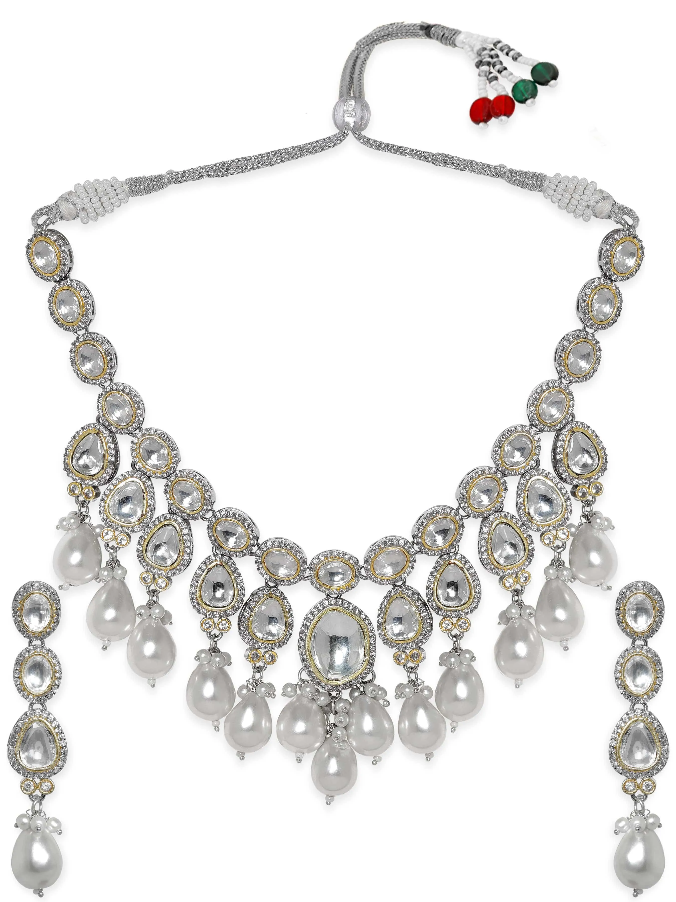 Rubans Elegant Pearl & Kudan Stone Wedding Necklace Set