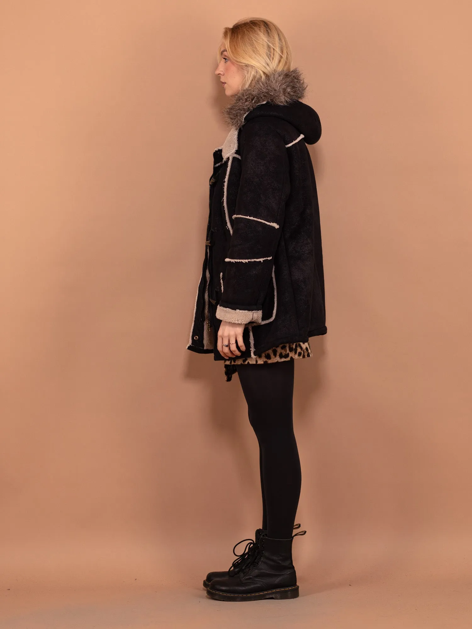 Vintage 00's Women Hooded Sherpa Coat in Black
