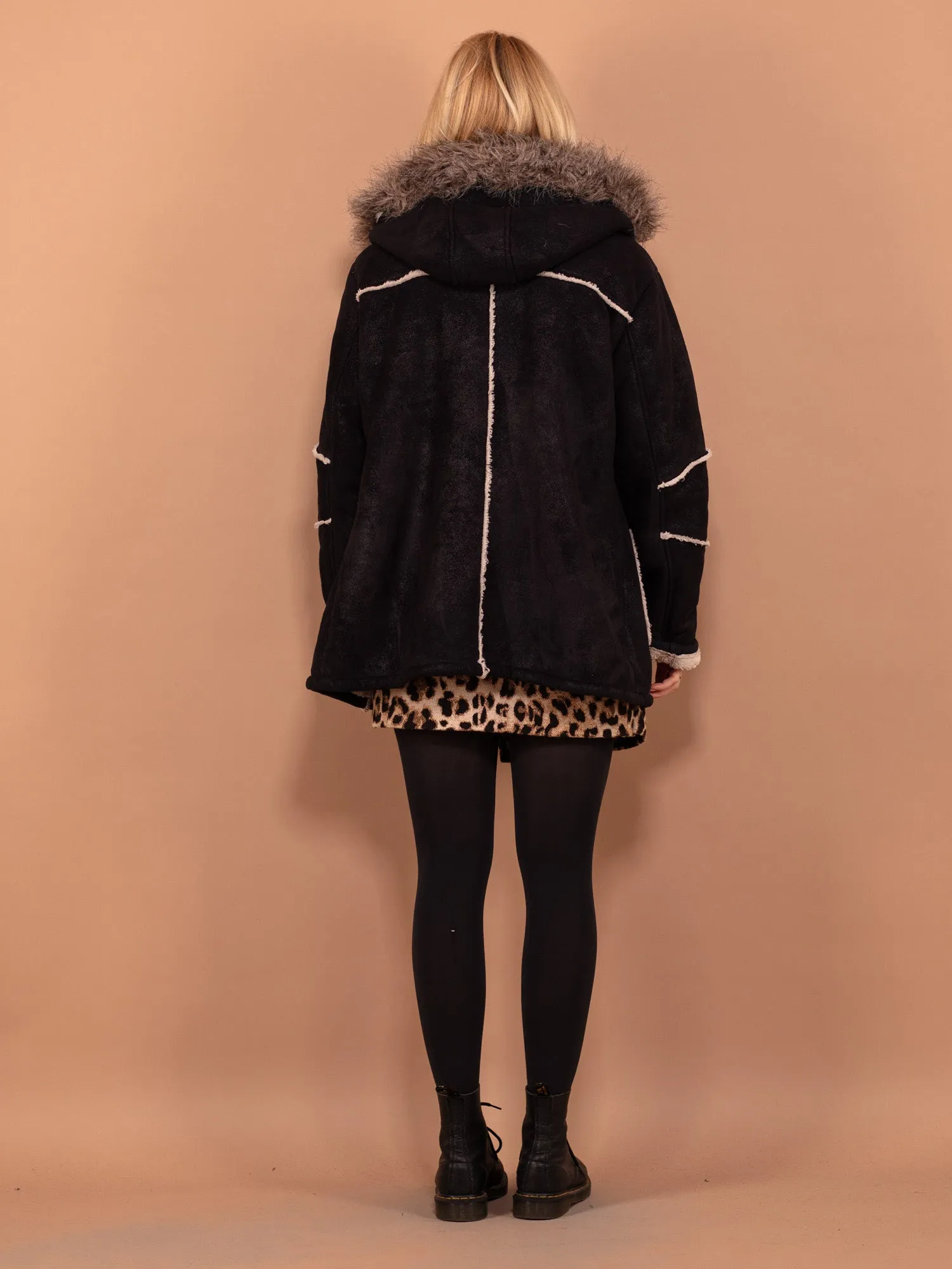 Vintage 00's Women Hooded Sherpa Coat in Black