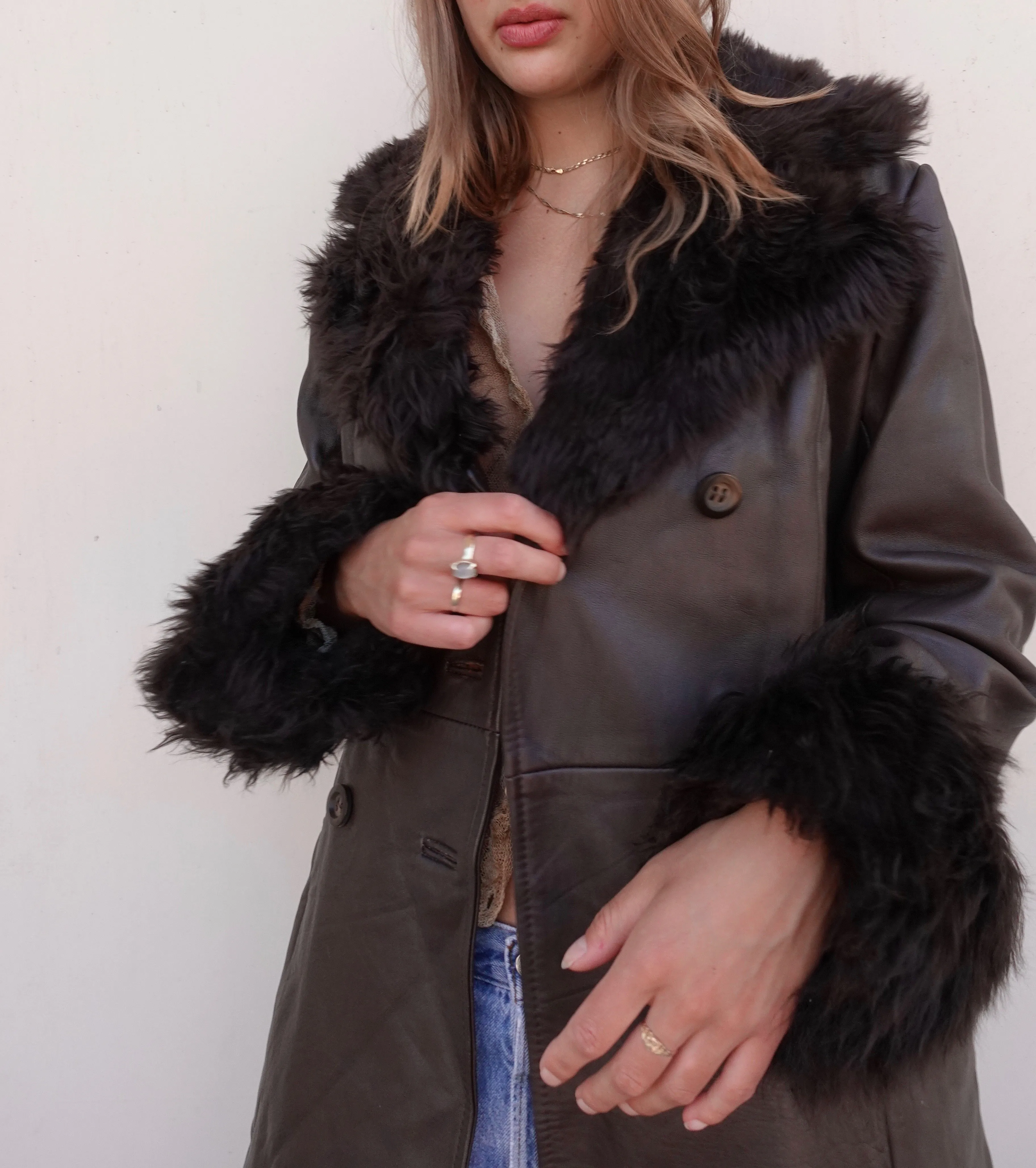 VINTAGE LEATHER FAUX FUR TRIM COAT