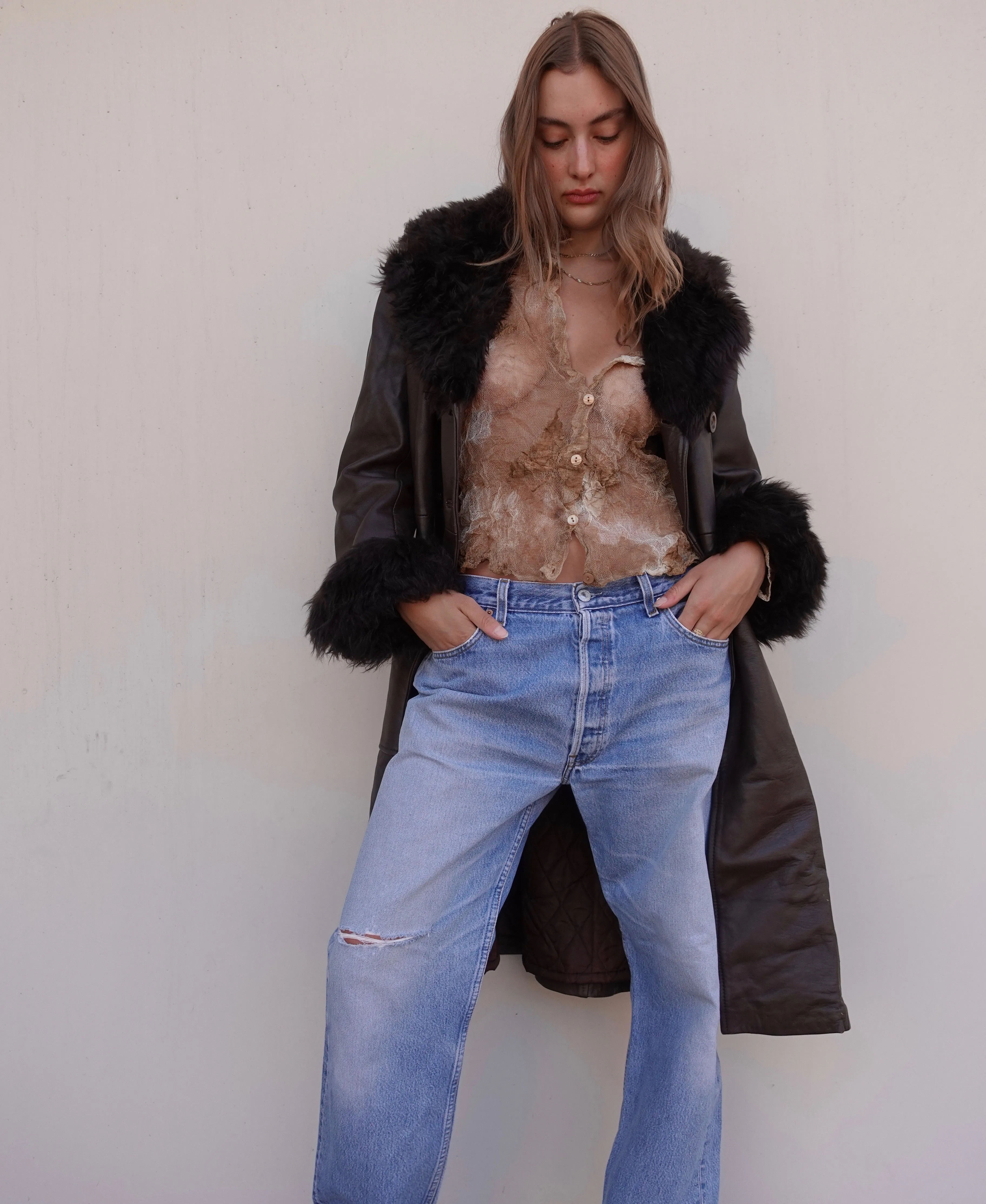 VINTAGE LEATHER FAUX FUR TRIM COAT