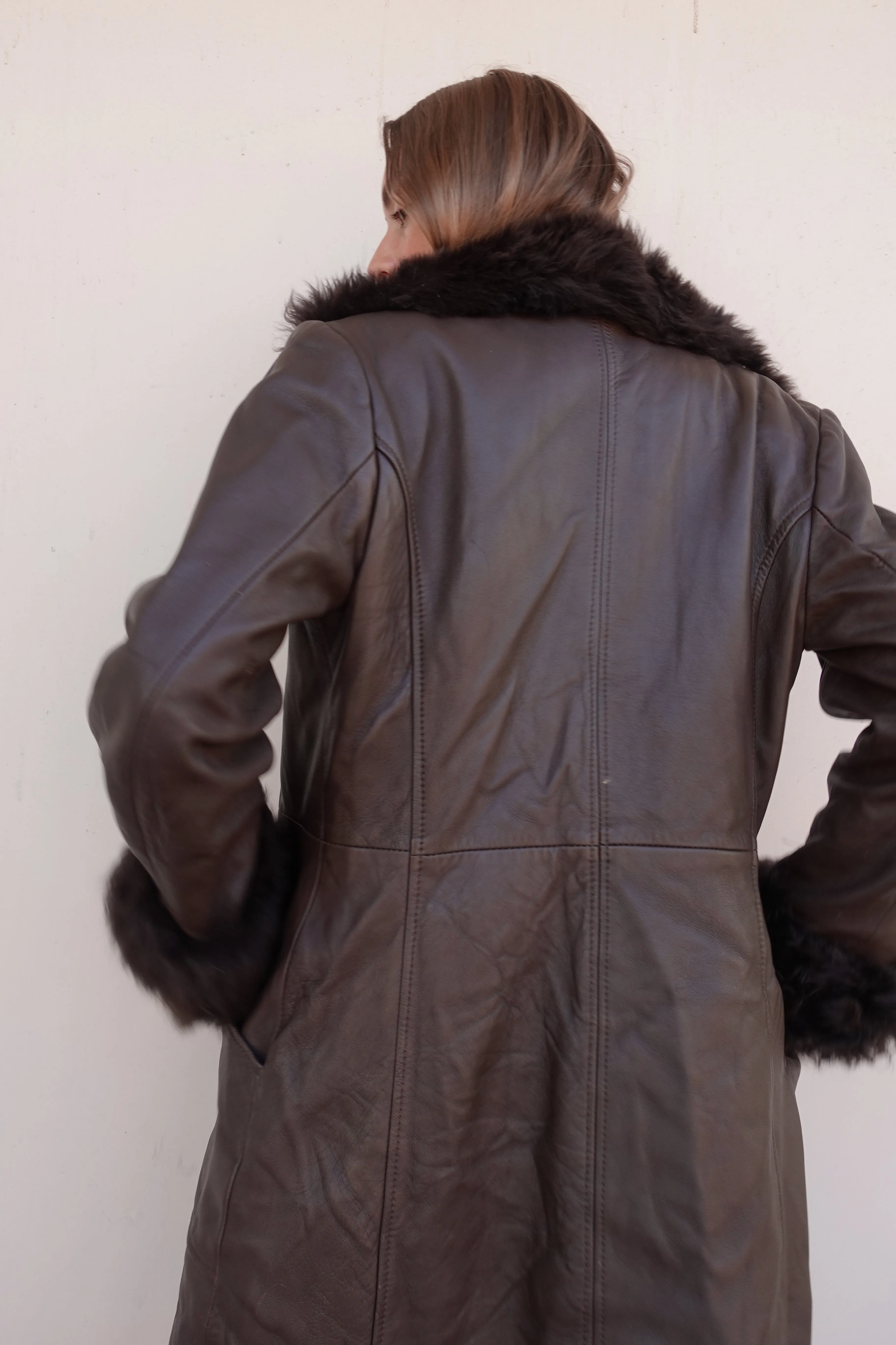 VINTAGE LEATHER FAUX FUR TRIM COAT