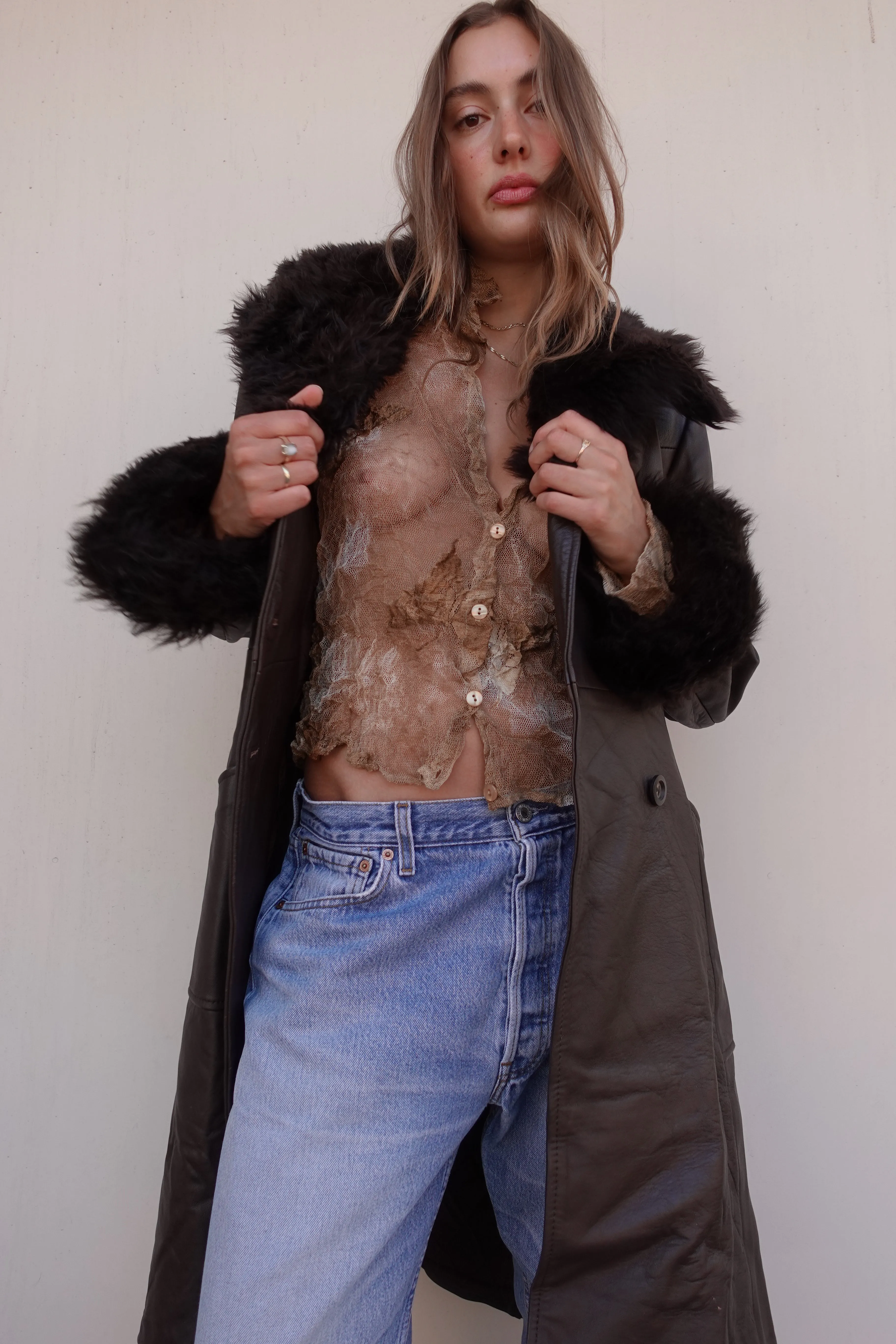VINTAGE LEATHER FAUX FUR TRIM COAT