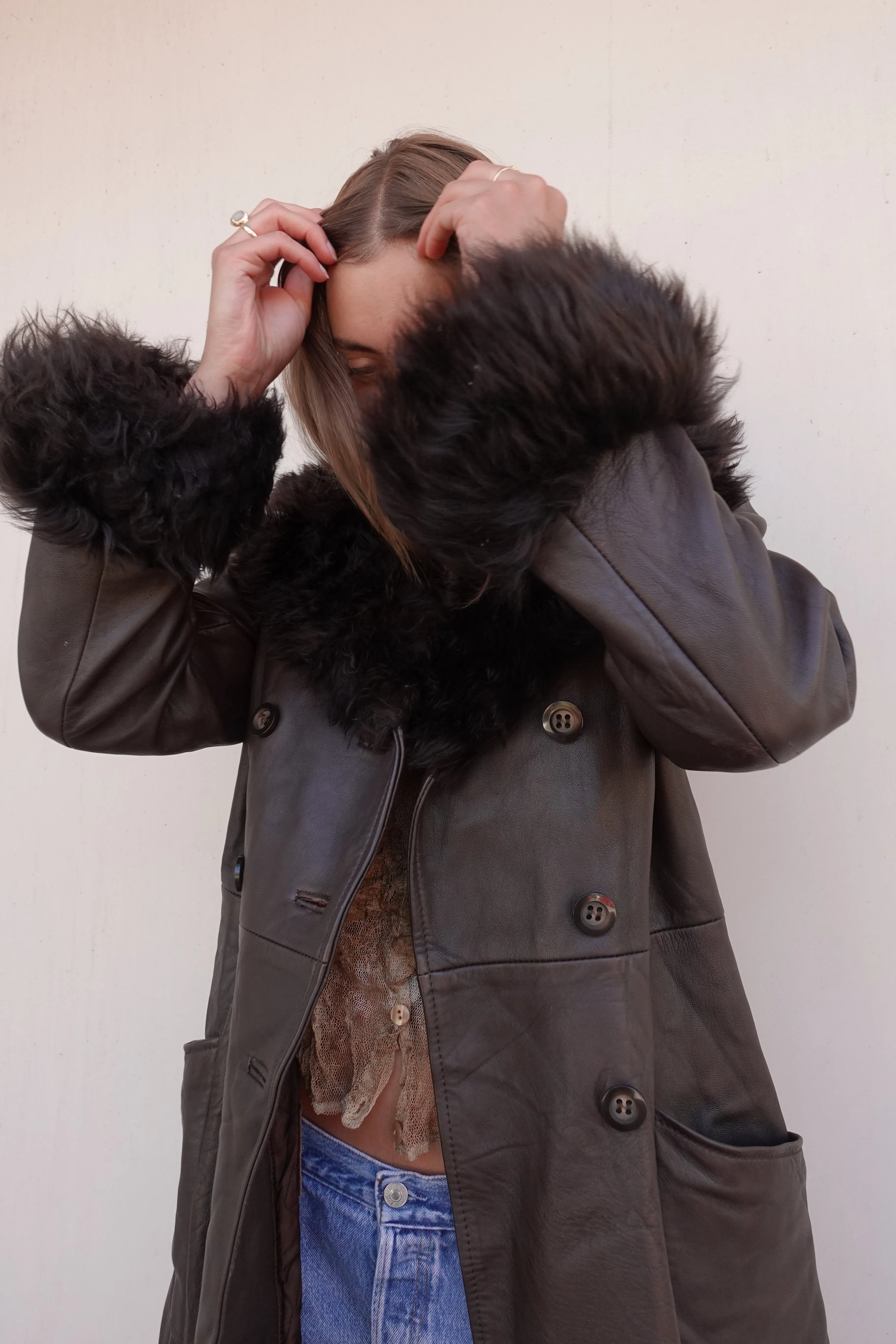 VINTAGE LEATHER FAUX FUR TRIM COAT