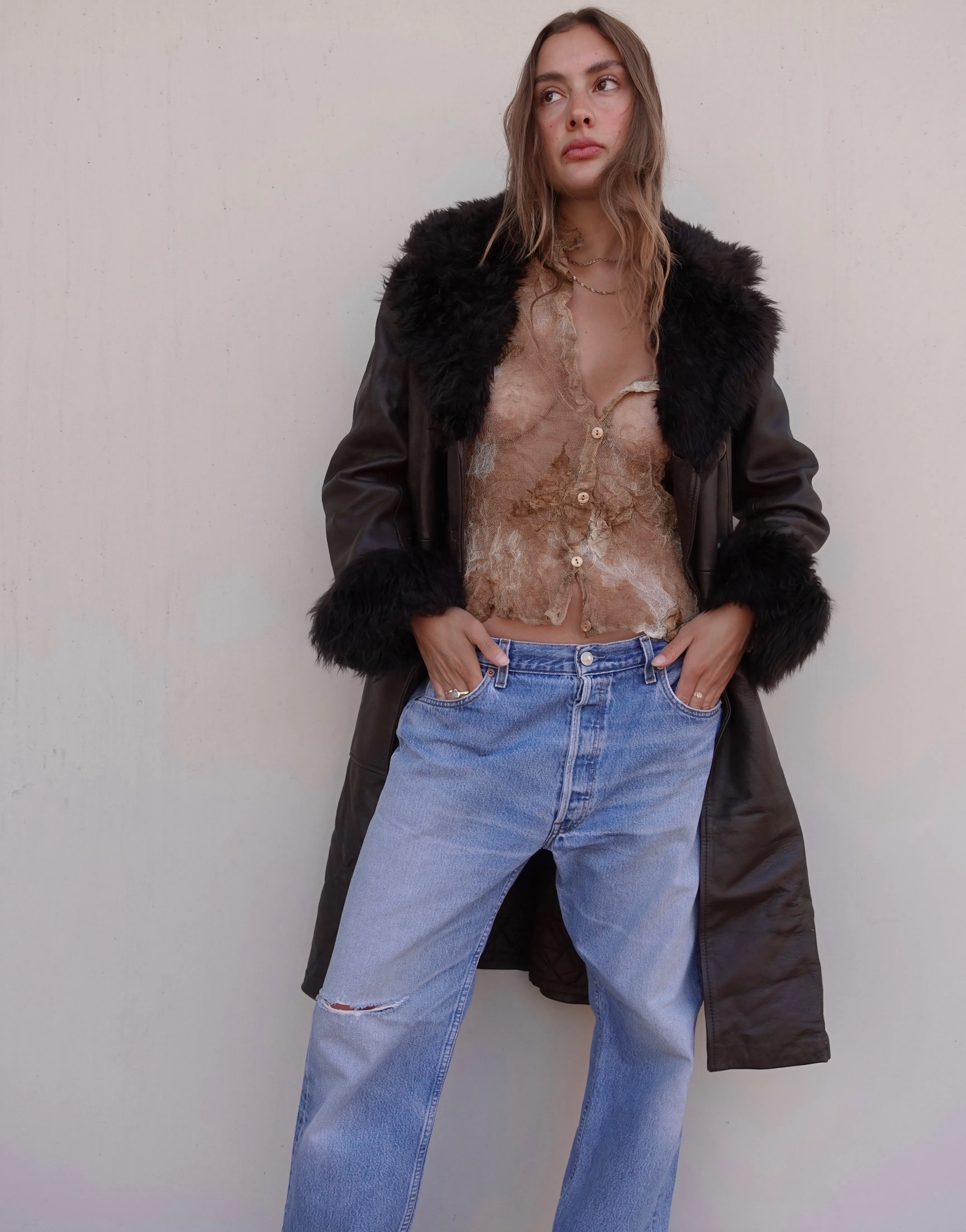 VINTAGE LEATHER FAUX FUR TRIM COAT