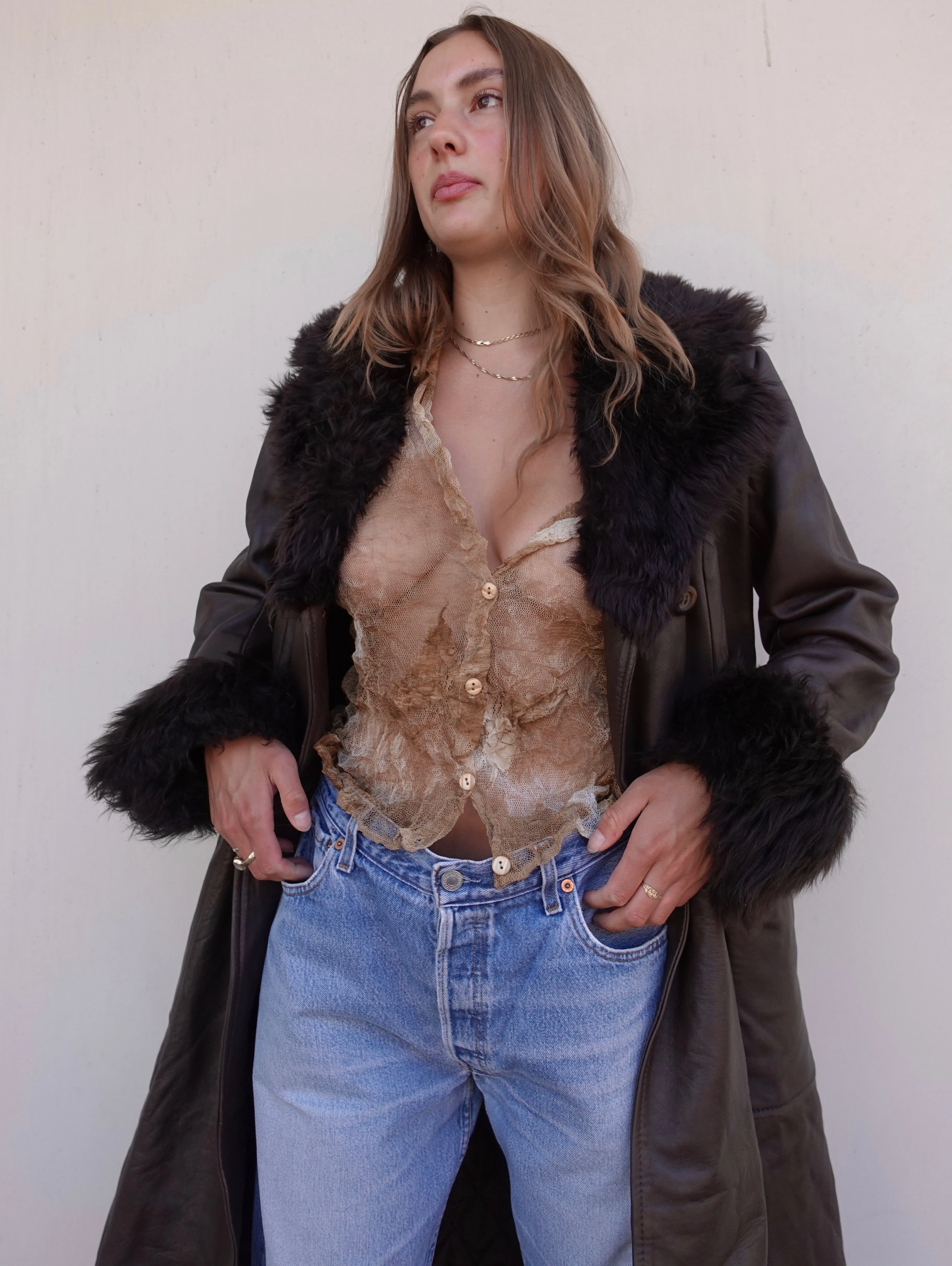 VINTAGE LEATHER FAUX FUR TRIM COAT