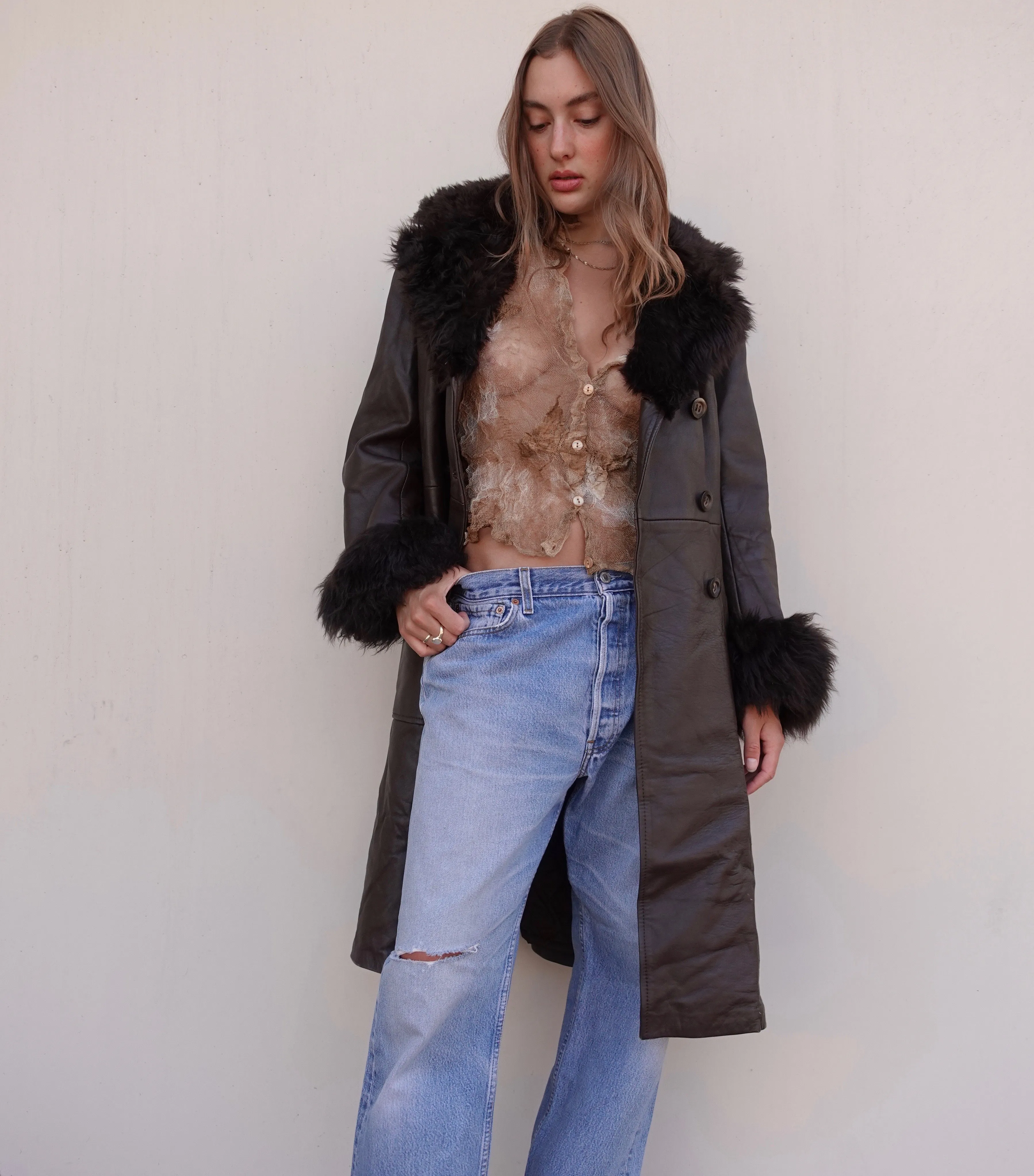 VINTAGE LEATHER FAUX FUR TRIM COAT