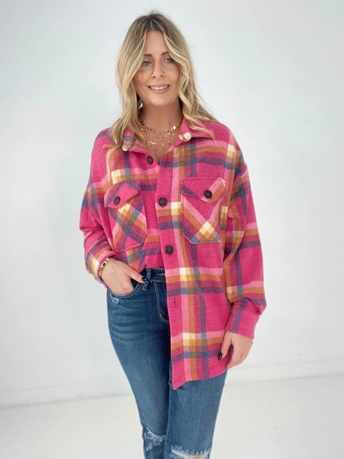 Zenana Full Size Oversize Plaid Shacket with Pockets