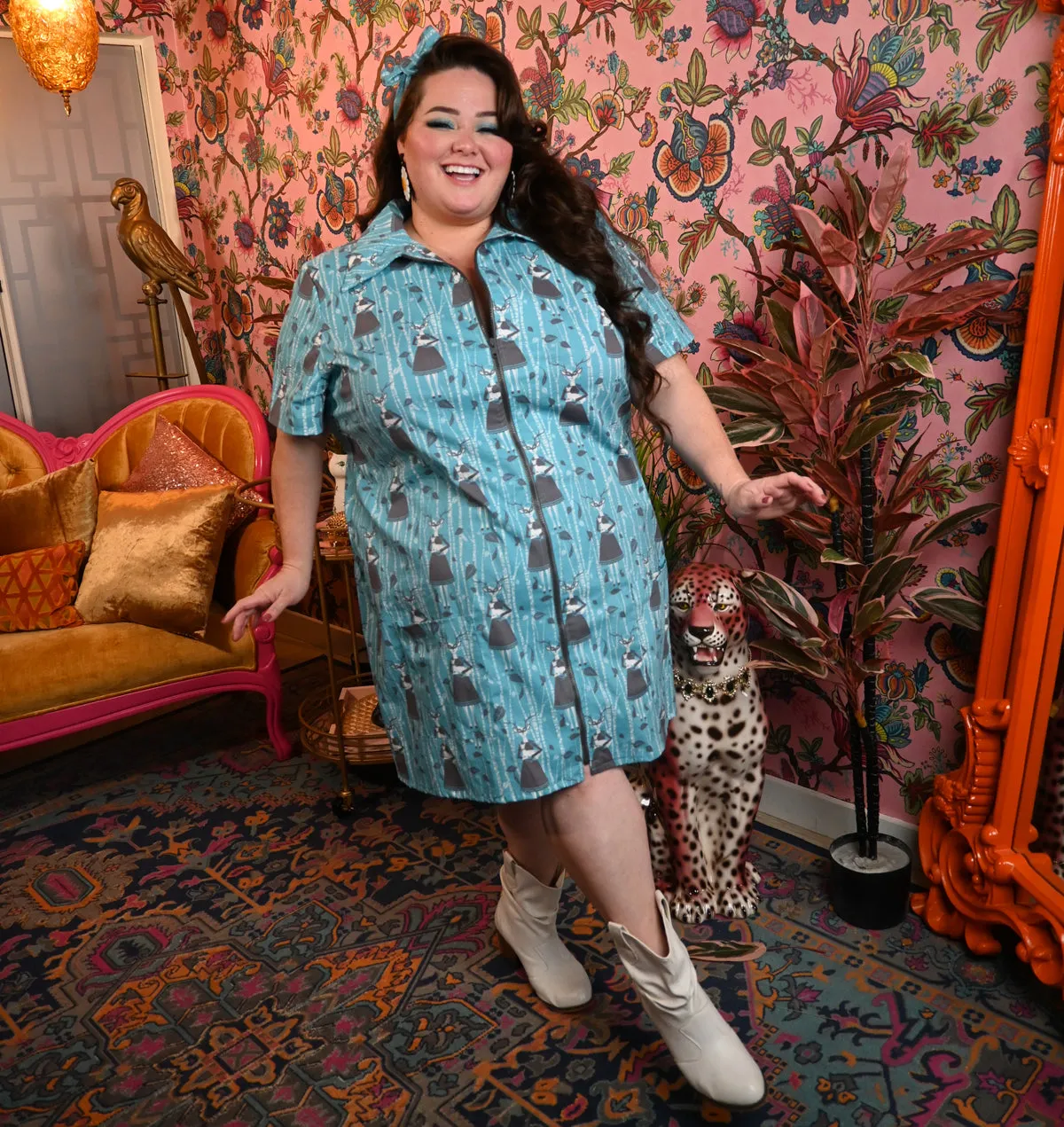 Zip-front Minidress in Teal Deer Friends